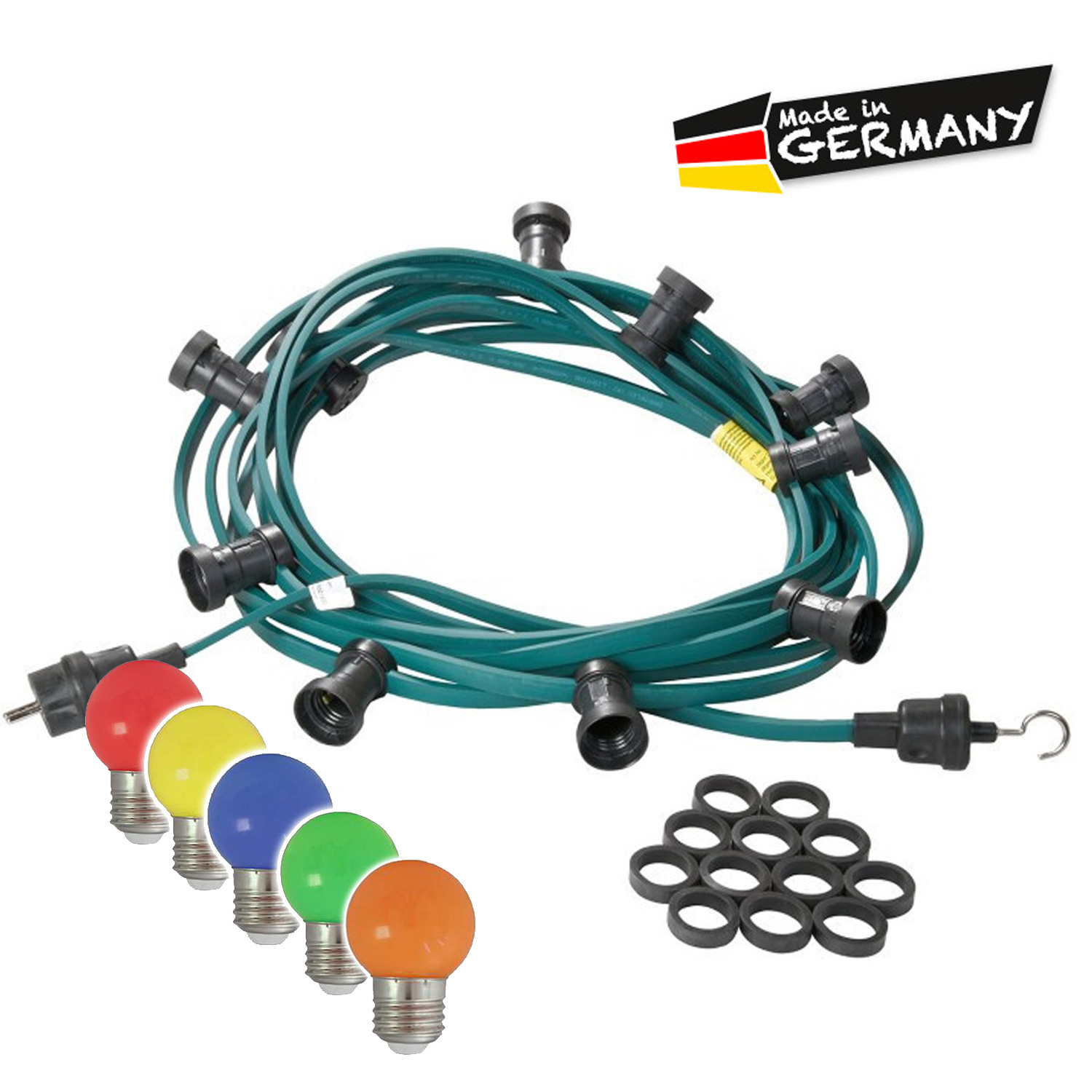 Illu-/Partylichterkette | E27-Fassungen | Made in Germany | mit farbigen, matten LED-Lampen | 5m | 5x E27-Fassungen Illu-/Partylichterkette | E27-Fassungen | Made in Germany | mit farbigen, matten LED-Lampen | 5m | 5x E27-Fassungen