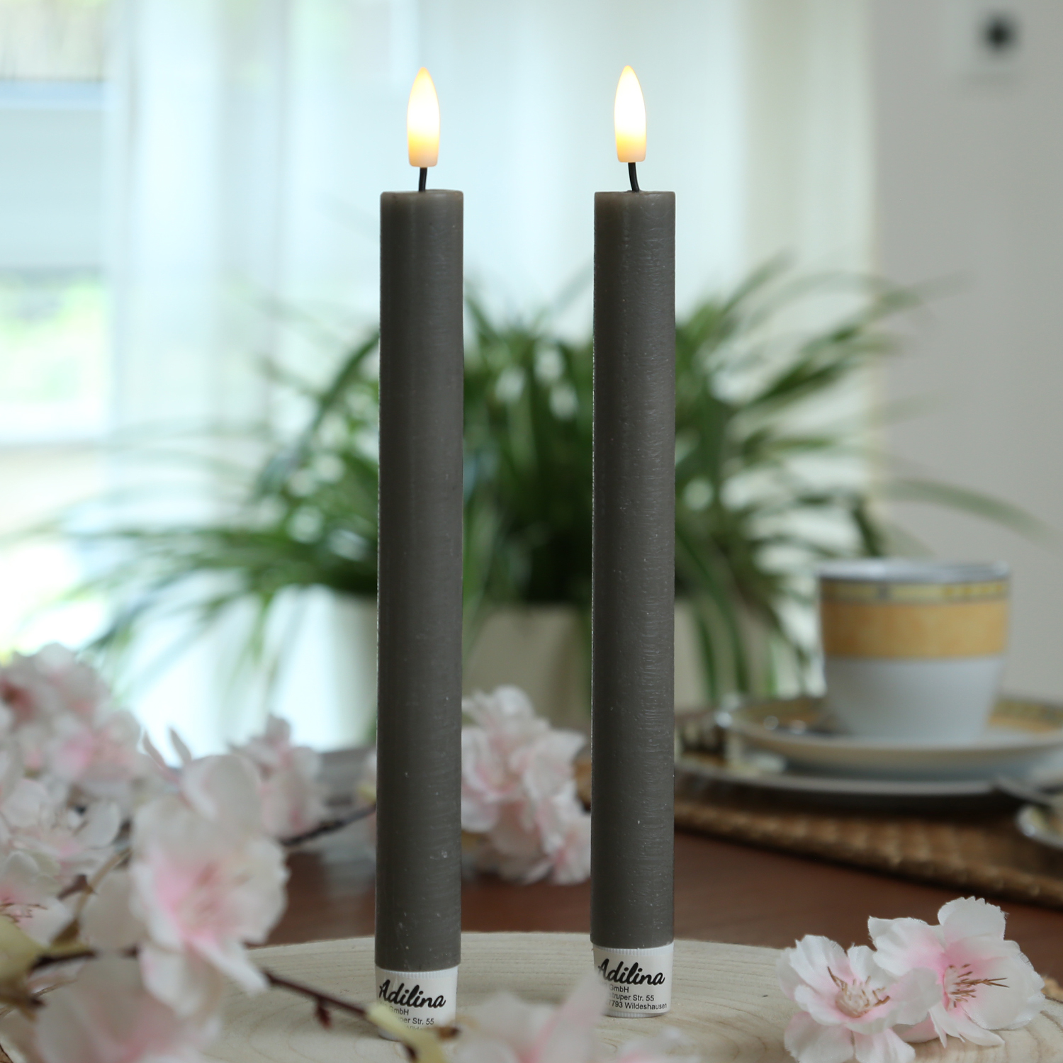 LED Stabkerzen LINA - Rustik-Optik - Echtwachs - 3D Flamme - H: 24cm - Timer - grau - 2er Set