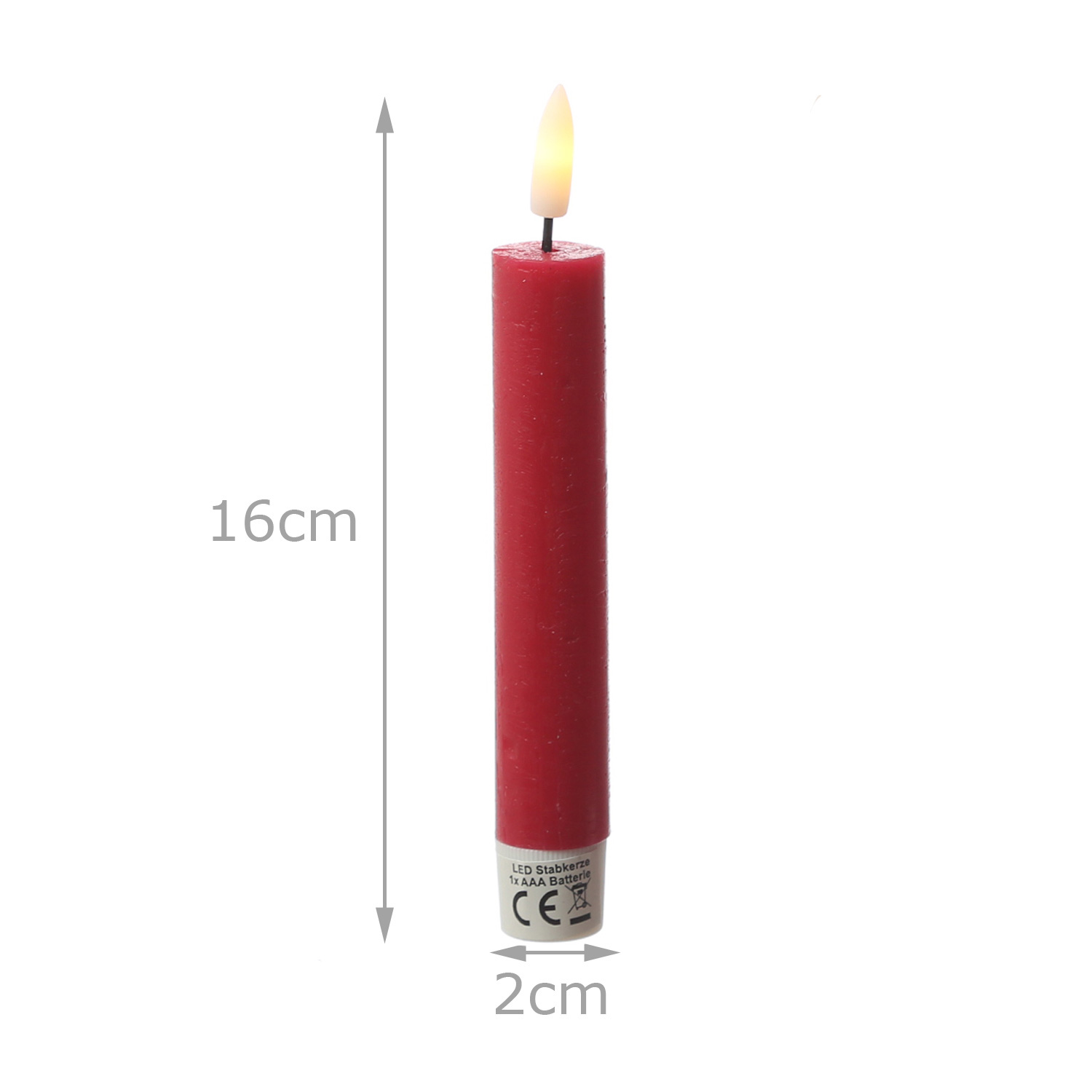 LED Stabkerzen LINA - Rustik-Optik - Echtwachs - 3D Flamme - H: 16cm - Timer - rot - 2er Set