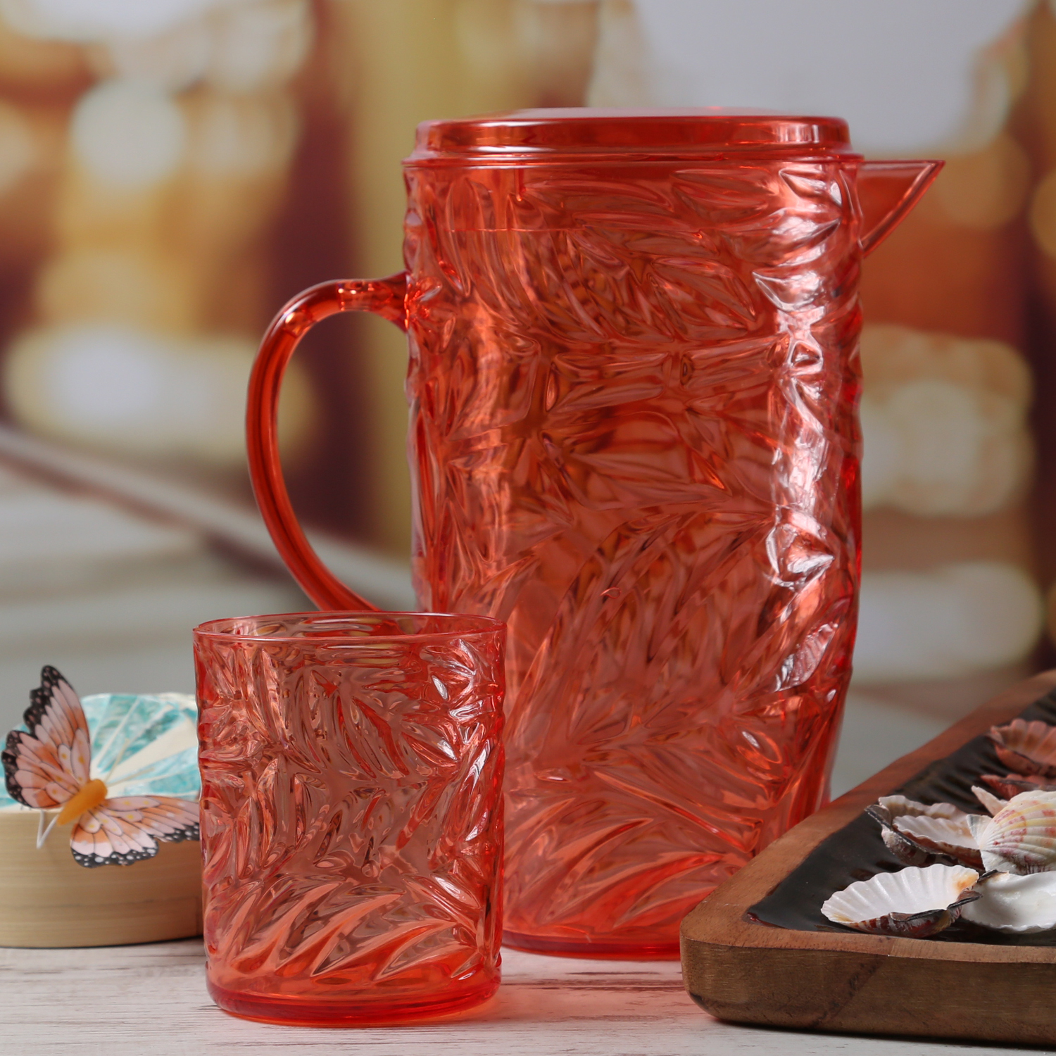 Kanne mit Deckel - Karaffe - lebensmittelecht - Kunststoff - 2,6l - mit Blattmuster - orange