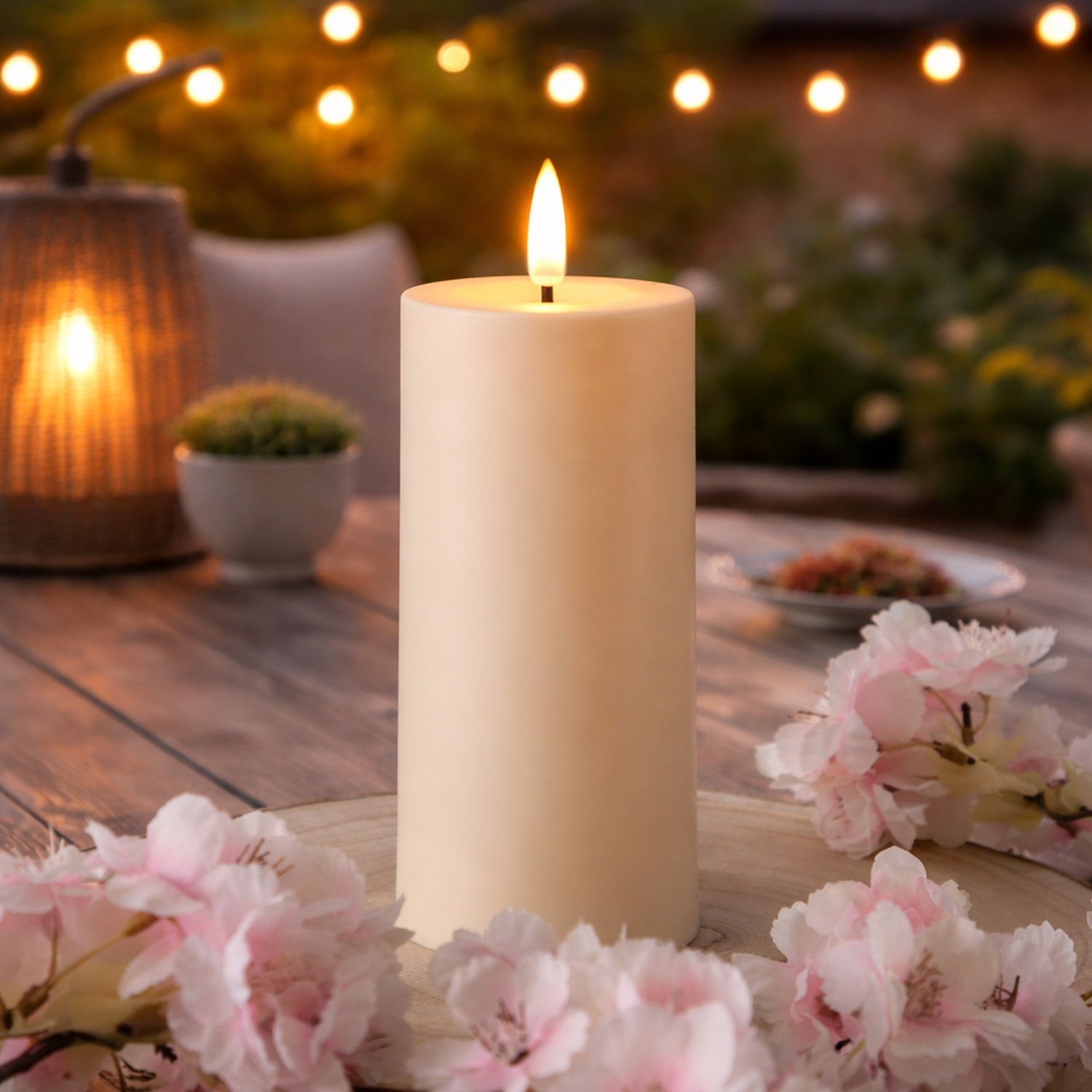 LED Solar Kerze - Outdoorkerze - H: 15cm, D: 7cm - Dämmerungssensor - für Außen - creme