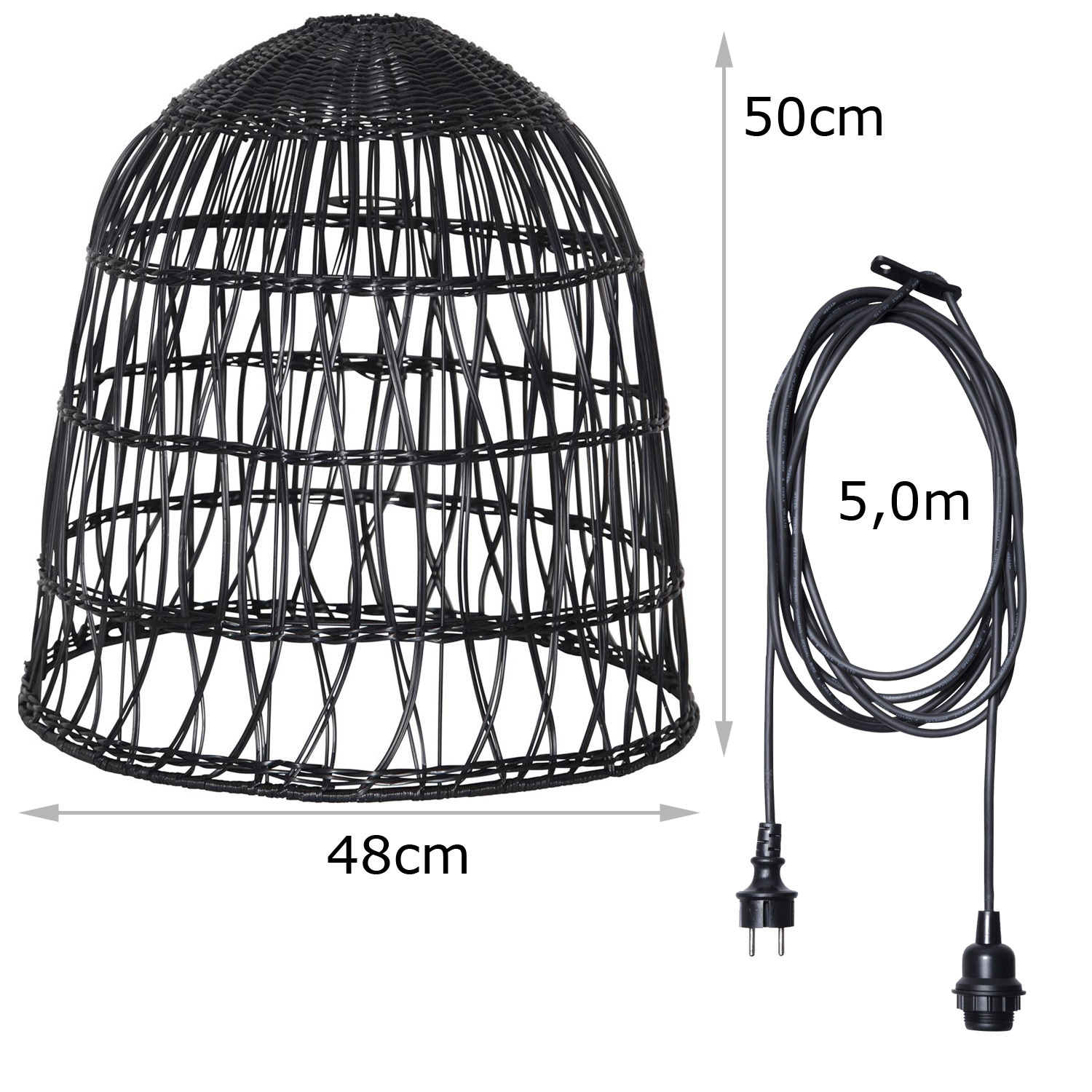 Lampenschirm BELL wetterfest - Rattan-Optik - mit E27 Kabelfassung - D: 48cm/H: 50cm - schwarz