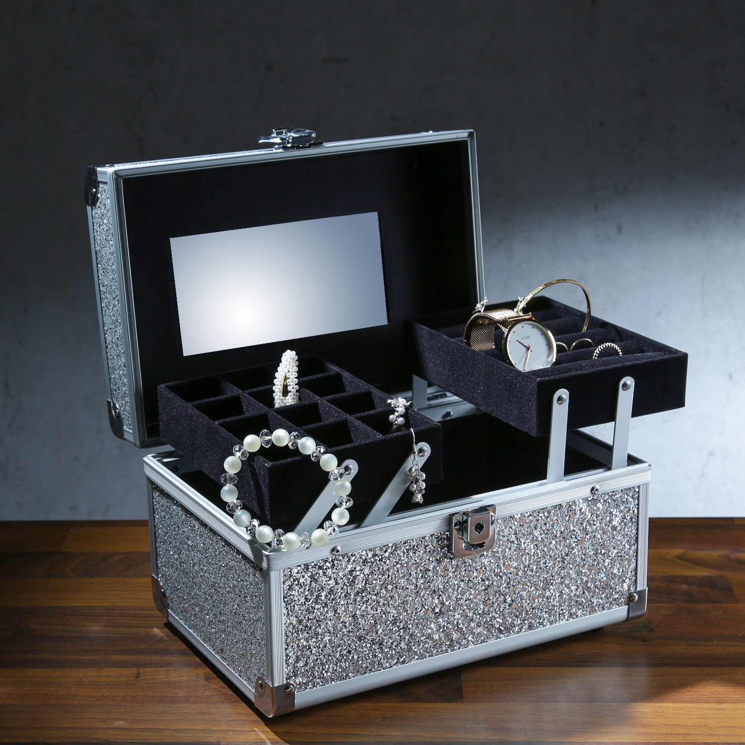 MARELIDA® Schmuckkoffer in Silber mit Glitzeroptik | Premium Schmuckkästchen für Schmuck