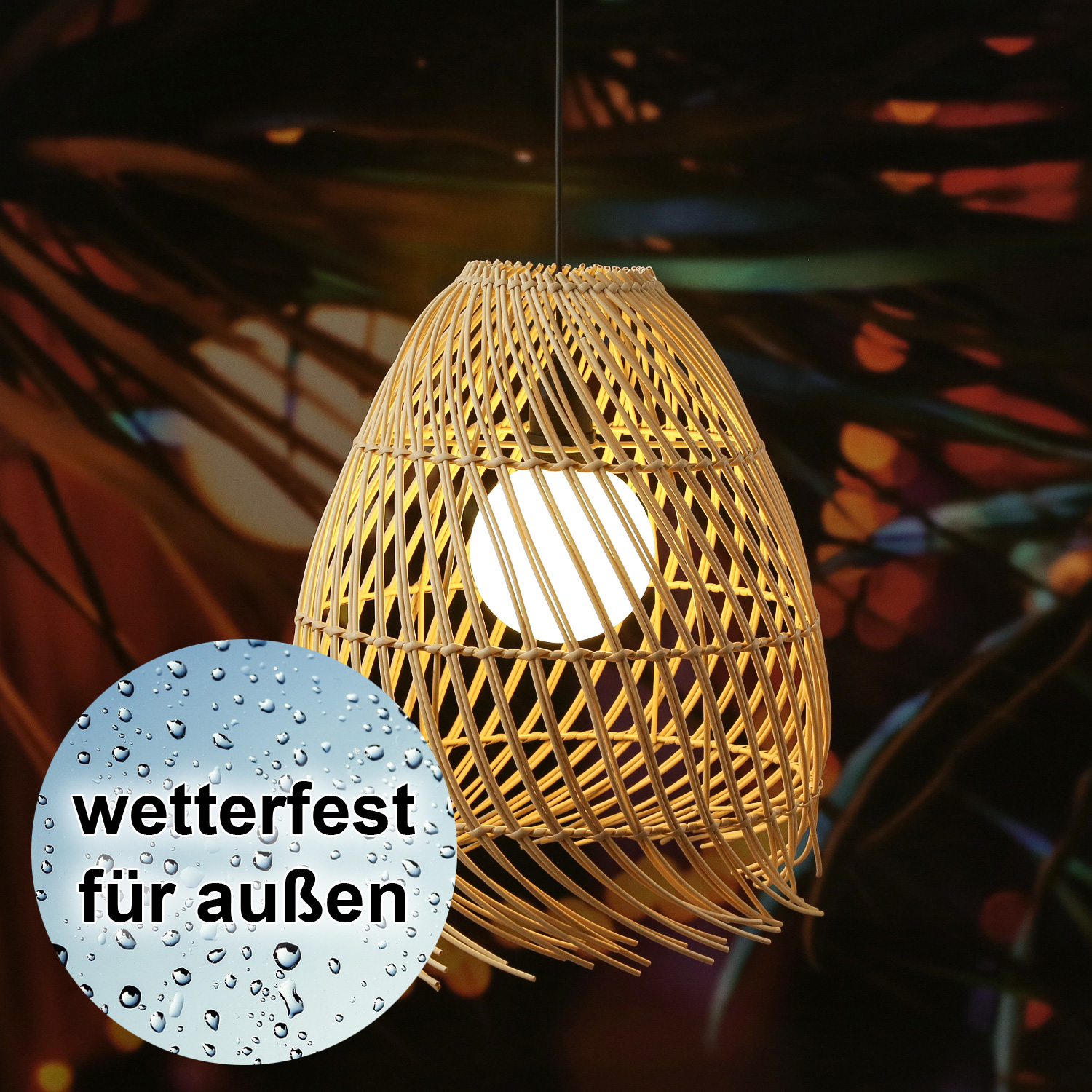 LED Solar Hängeleuchte BOHO - Lampenschirm in Korboptik - warmweiß - H 36cm - Lichtsensor - natur