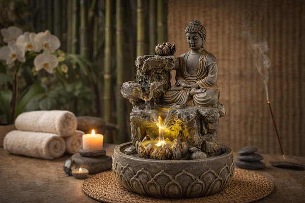 Brunnen LED Buddhafigur Kaskaden Zimmerbrunnen H 25cm Tischbrunnen