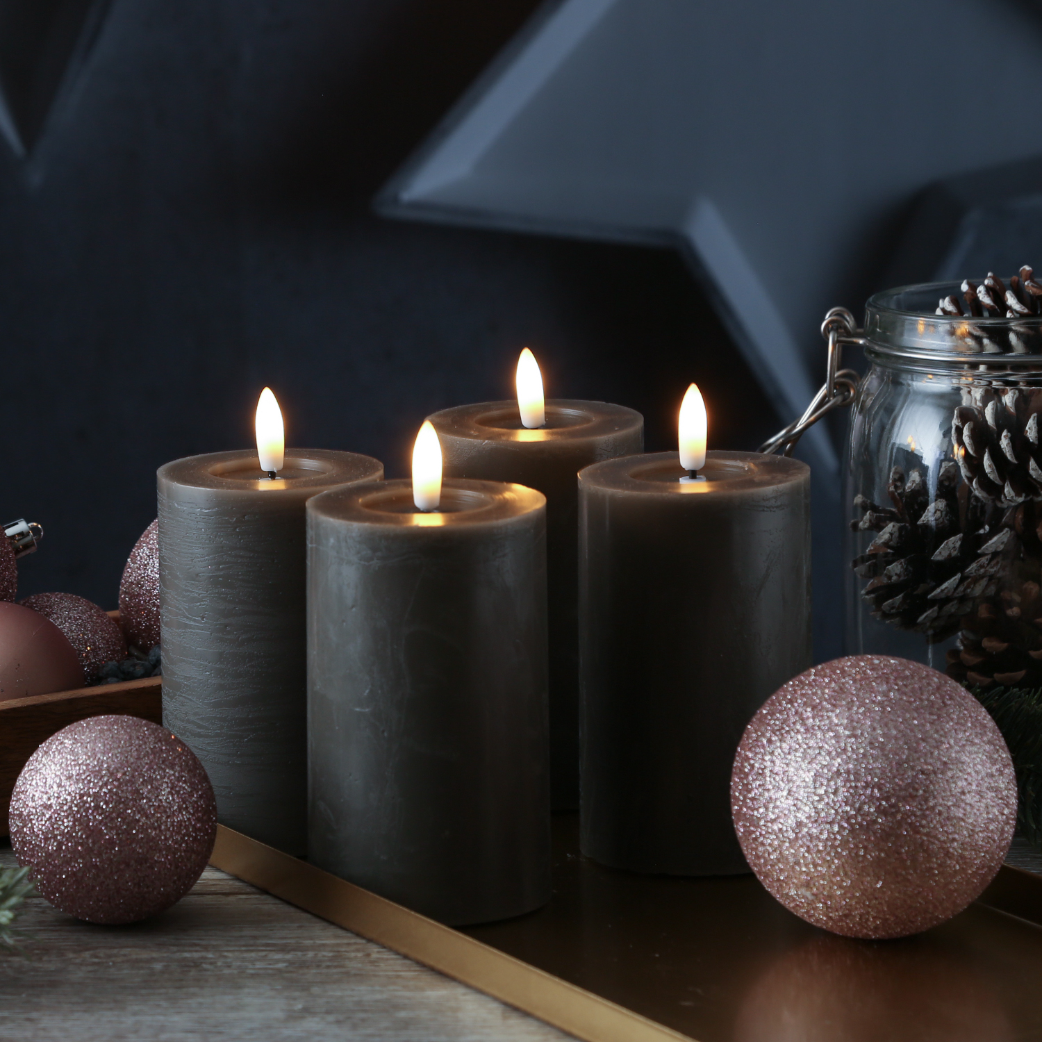 LED Kerzenset LINA - Rustik-Optik - Echtwachs - H: 11cm - D: 7cm - Timer - grau - 4er Set