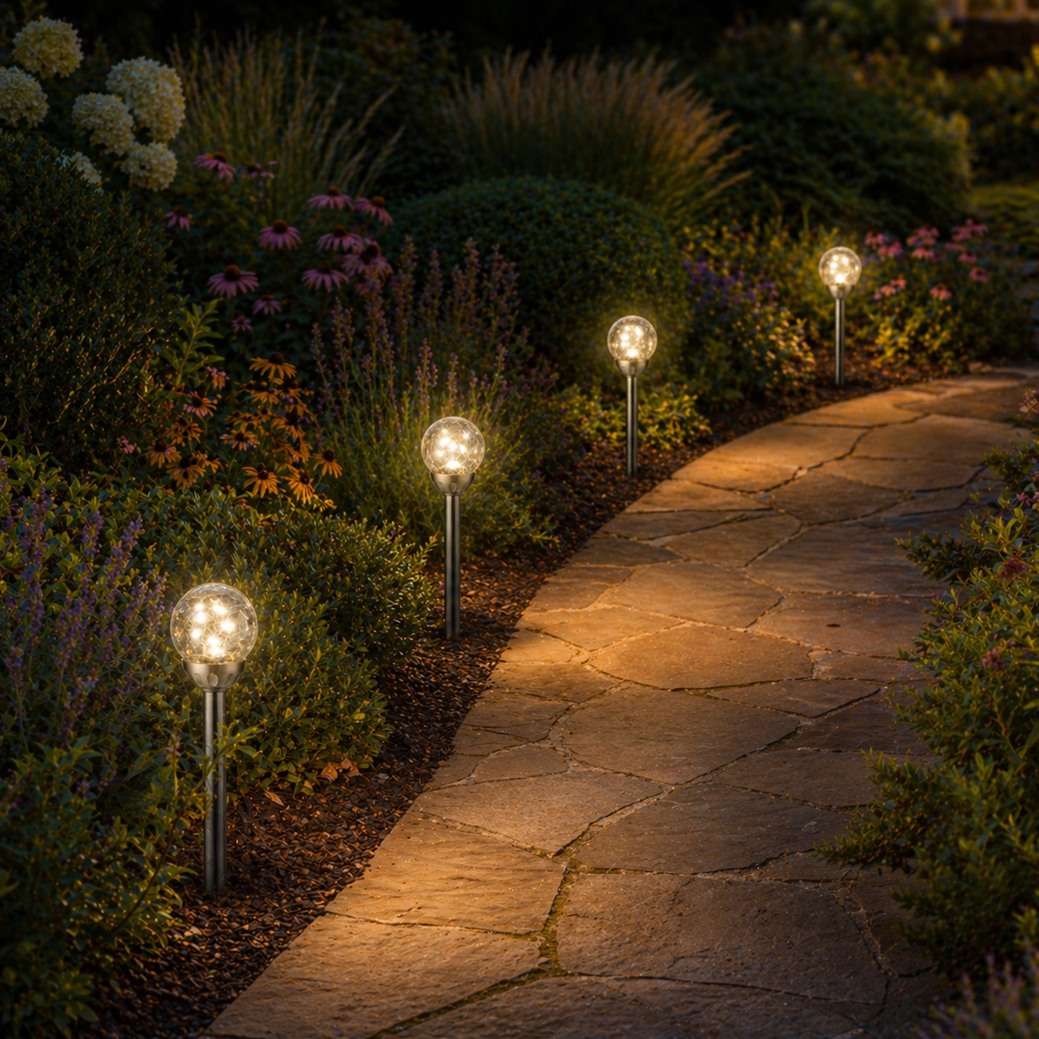 LED Solar Wegleuchten - Gartenleuchten in Bruchglas-Optik  - H: 30cm - Lichtsensor - 4er Set