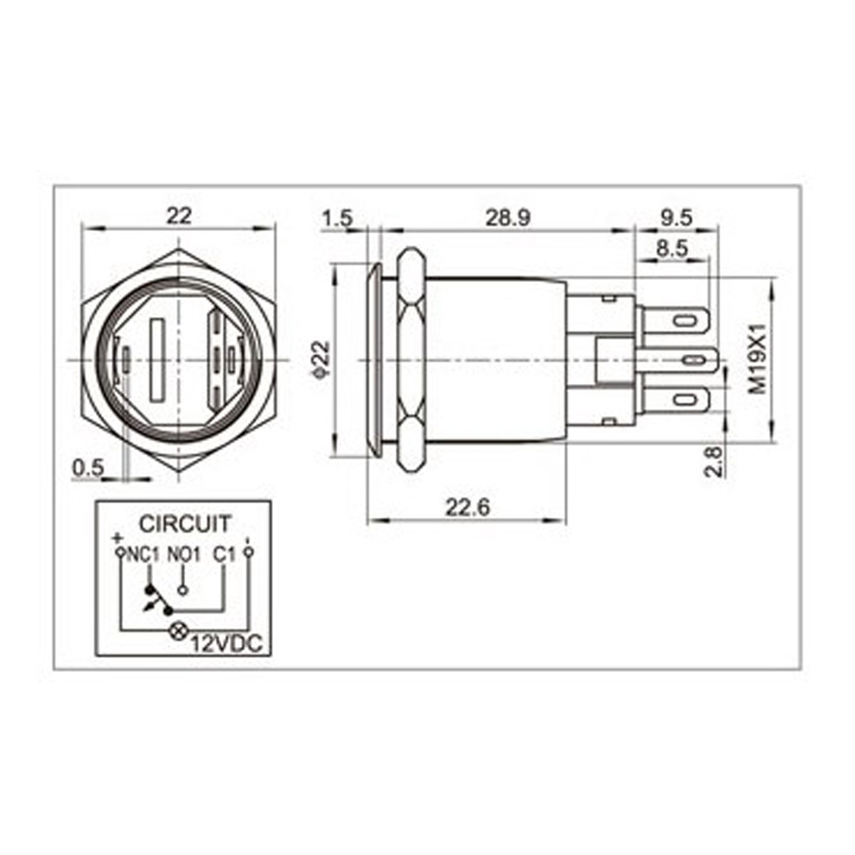 Metallschalter beleuchtet - mit grünem Leuchtring - max 230V 5A - IP67 - 19mm Einbaudurchmesser