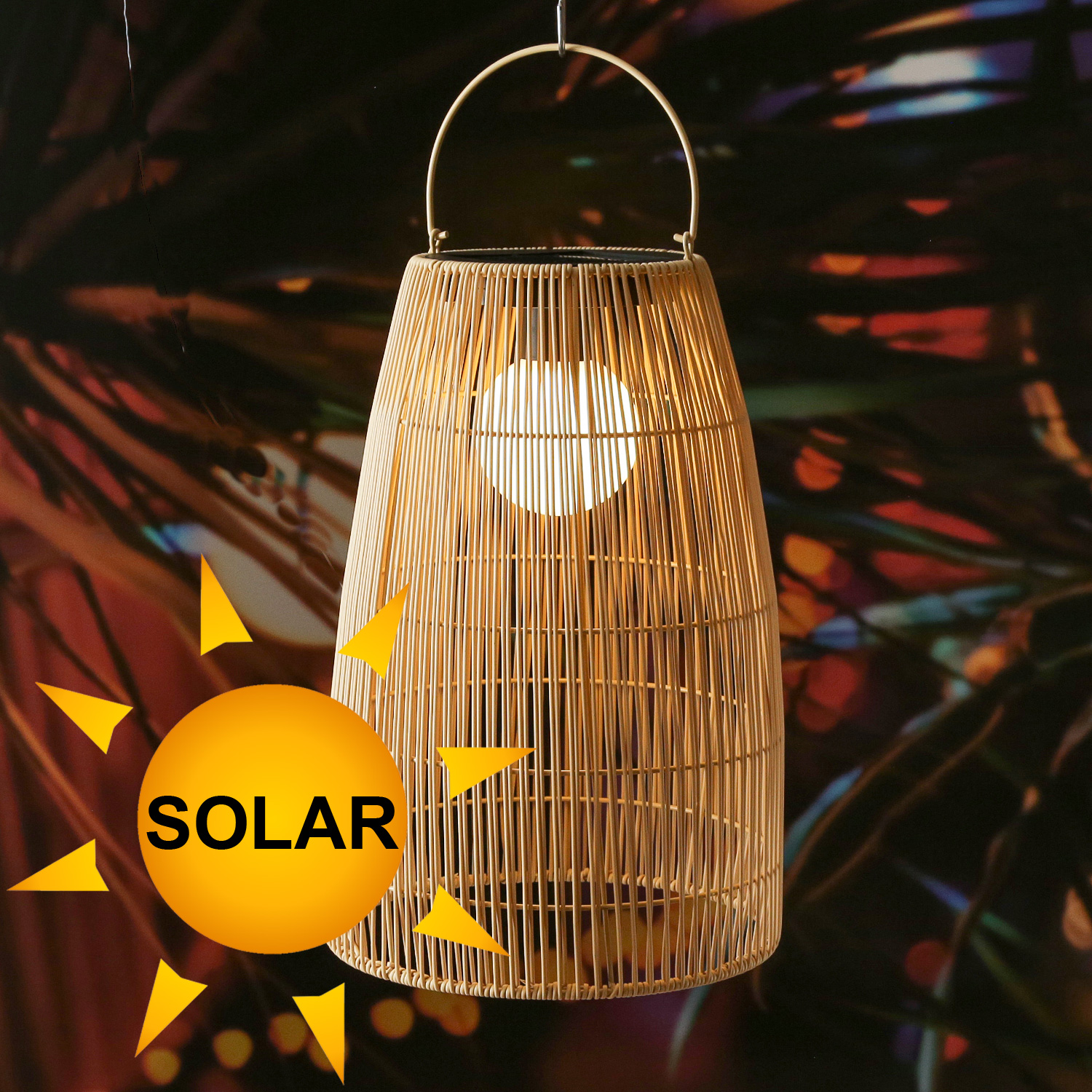 LED Solar Laterne/Hängeleuchte - Rattanoptik  - warmweiße LED - H 43cm - Lichtsensor - natur