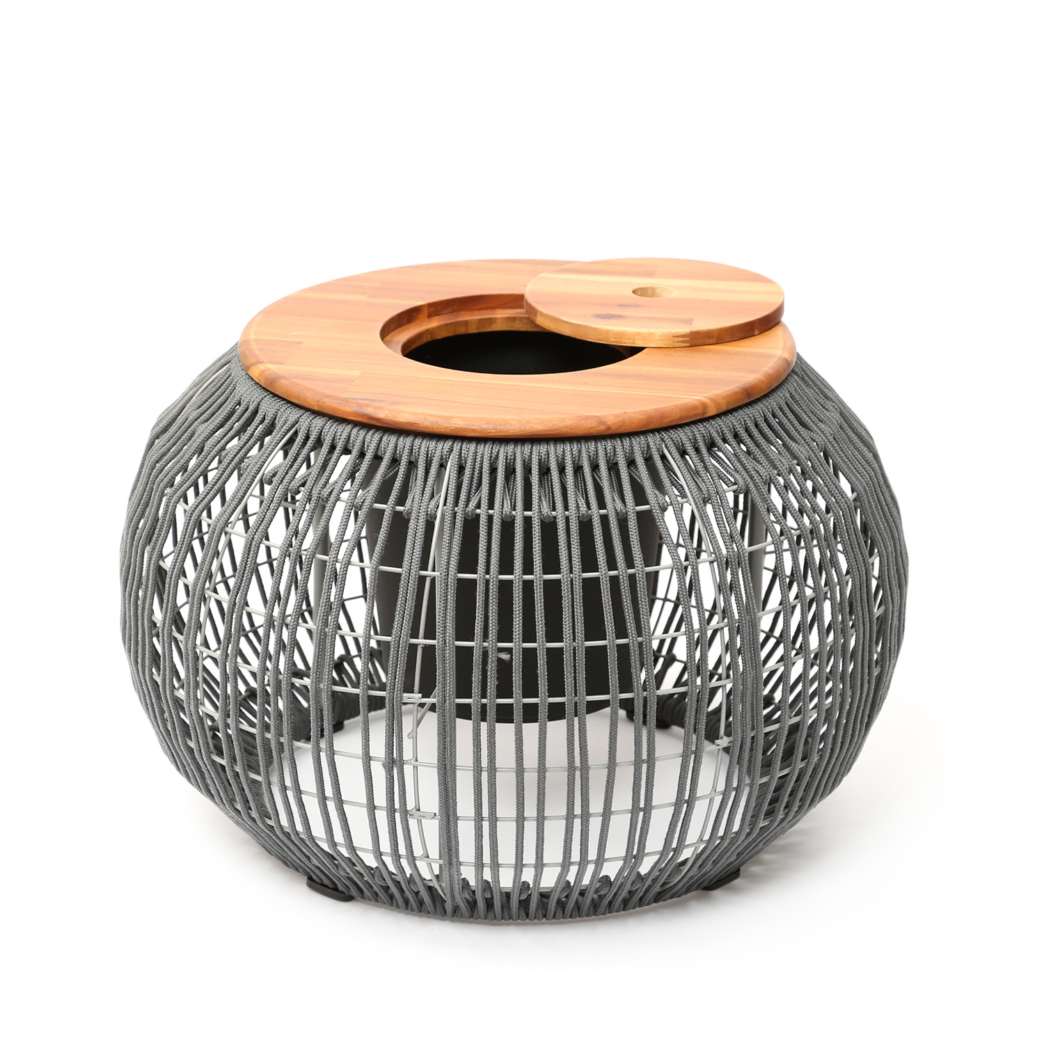 Garten Beistelltisch - integrierter Behälter - Kunststoffseil - H: 37cm - D: 58cm - grau