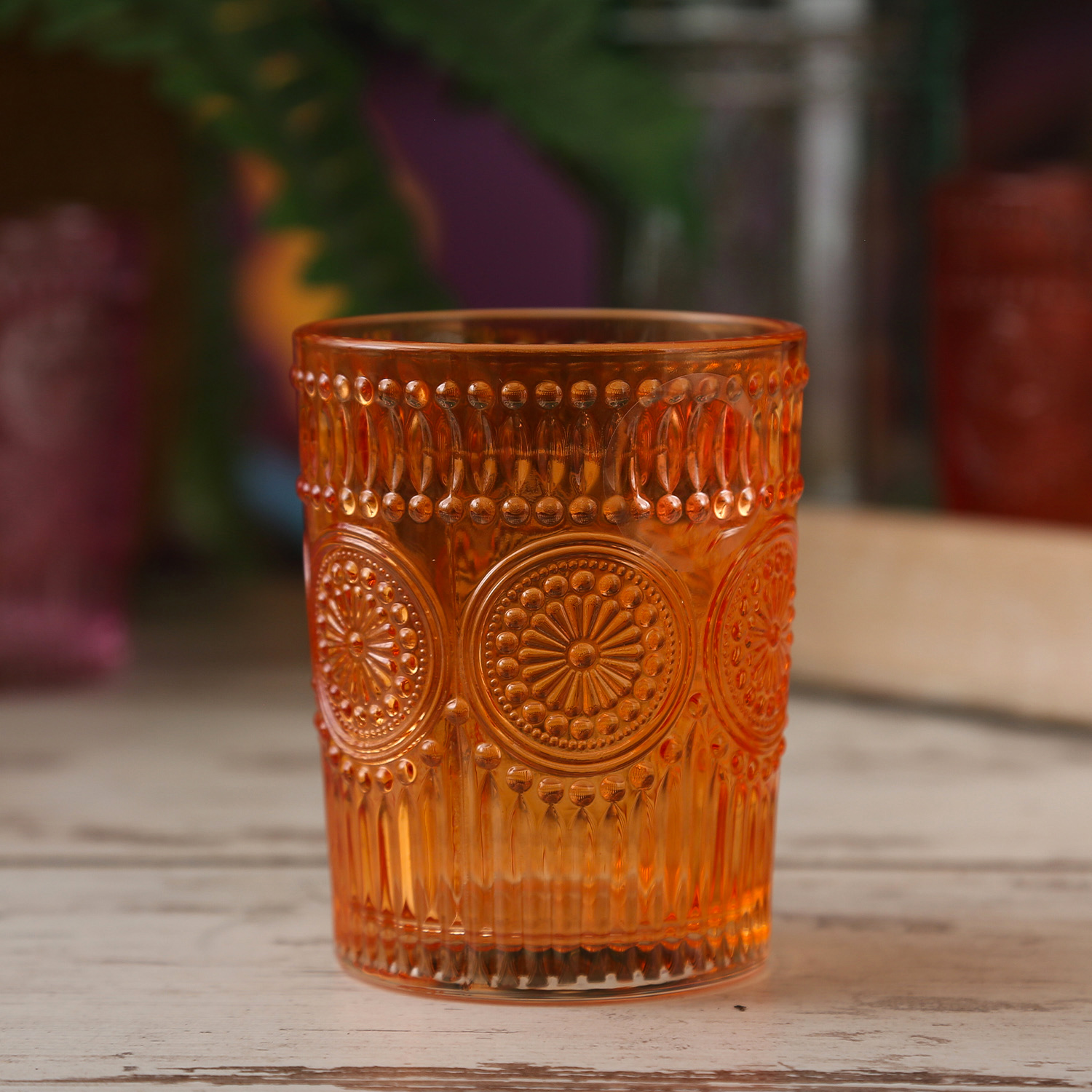 Trinkgläser Vintage - Glas - lebensmittelecht - 280ml - H: 10cm - mit Muster - orange - 4er Set