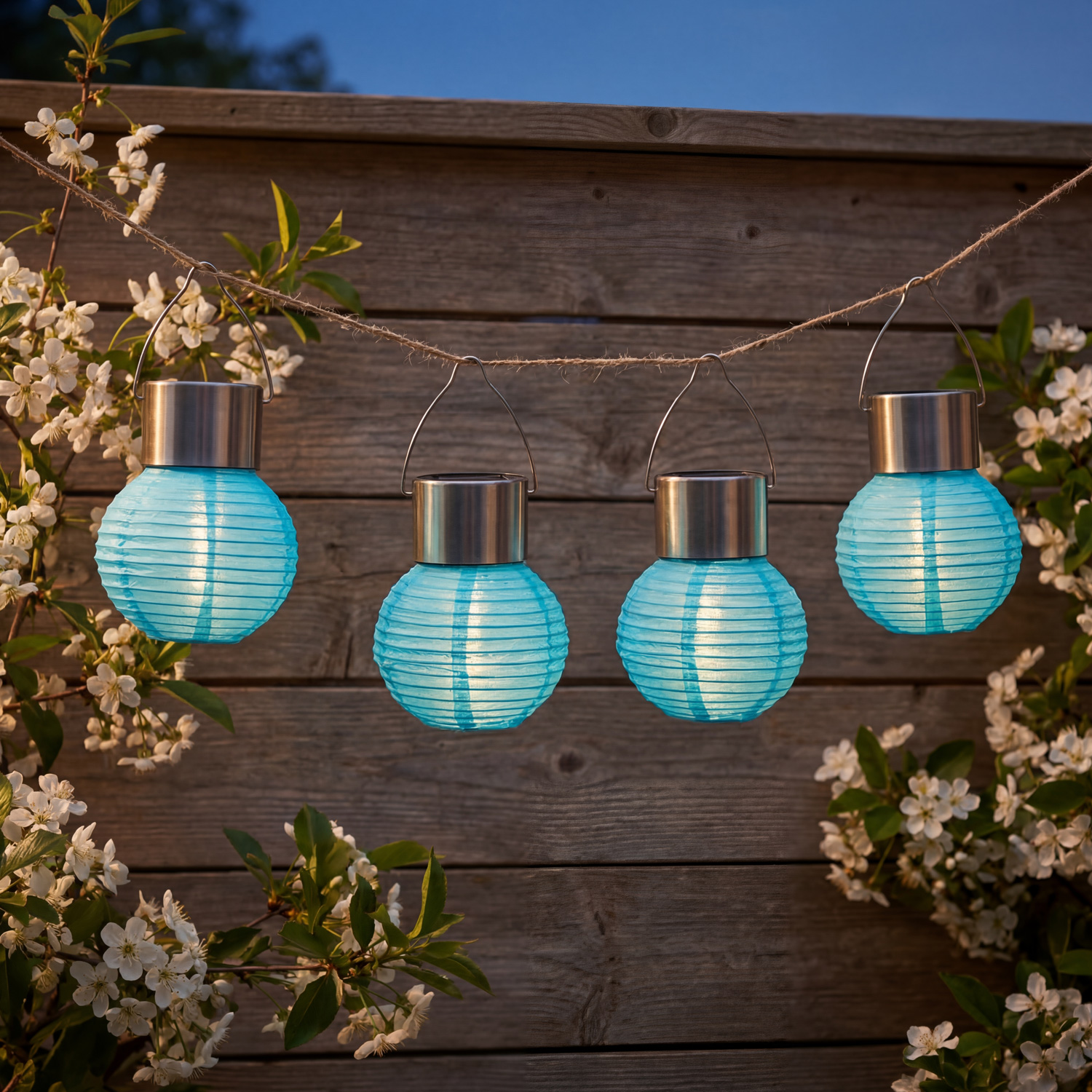 LED Solar Mini Lampions - kaltweiße LED - H: 9,5cm - D: 7cm - Lichtsensor - blau - 4er Set