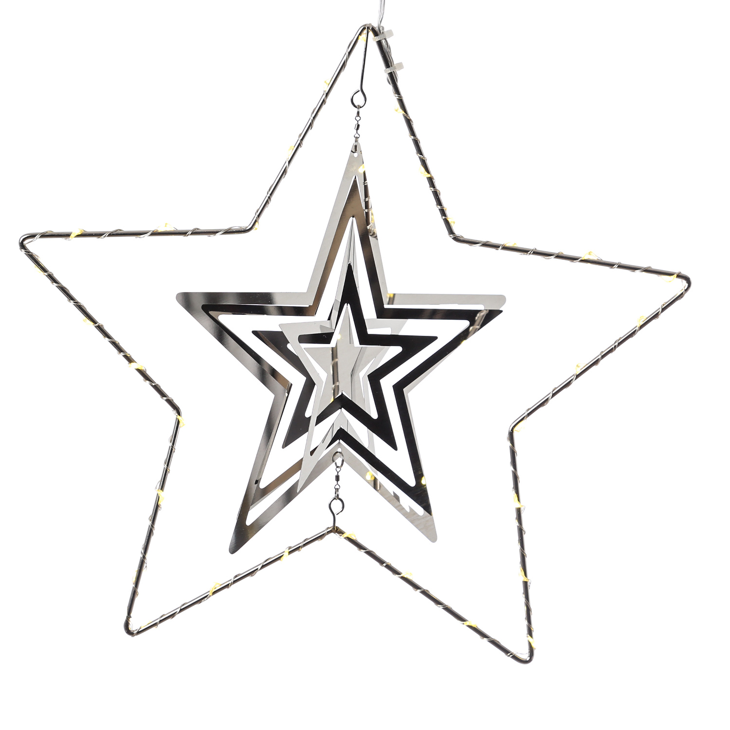 LED Stern - 3D Dekohänger - Metallstern - 30 warmweiße LED - D: 30cm - Timer - silber LED Stern - 3D Dekohänger - Metallstern - 30 warmweiße LED - D: 30cm - Timer - silber
