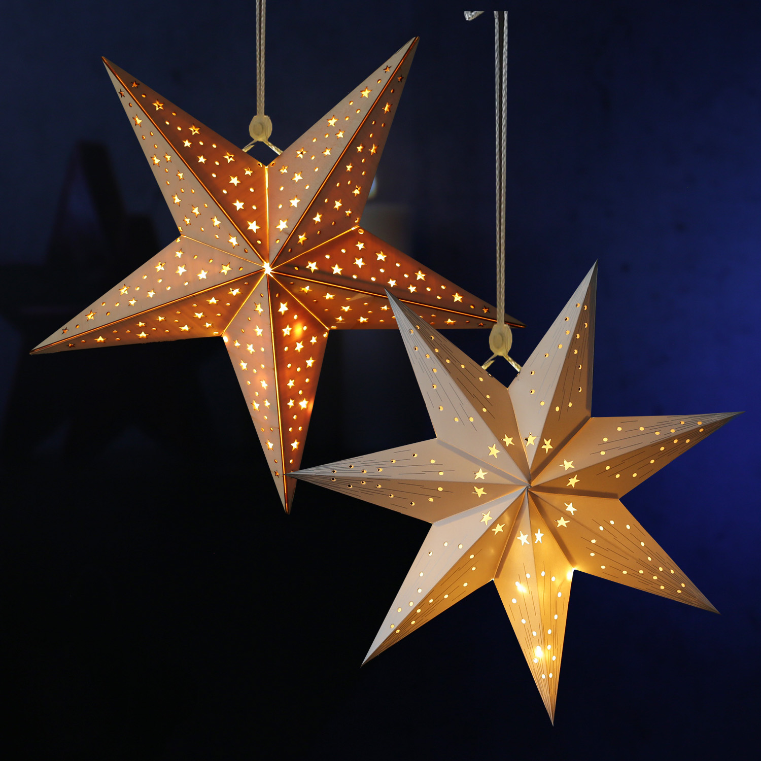 LED Papierstern - hängend - 5-zackig - 10 warmweiße LED - D: 40cm - Batterie - Timer - weiß