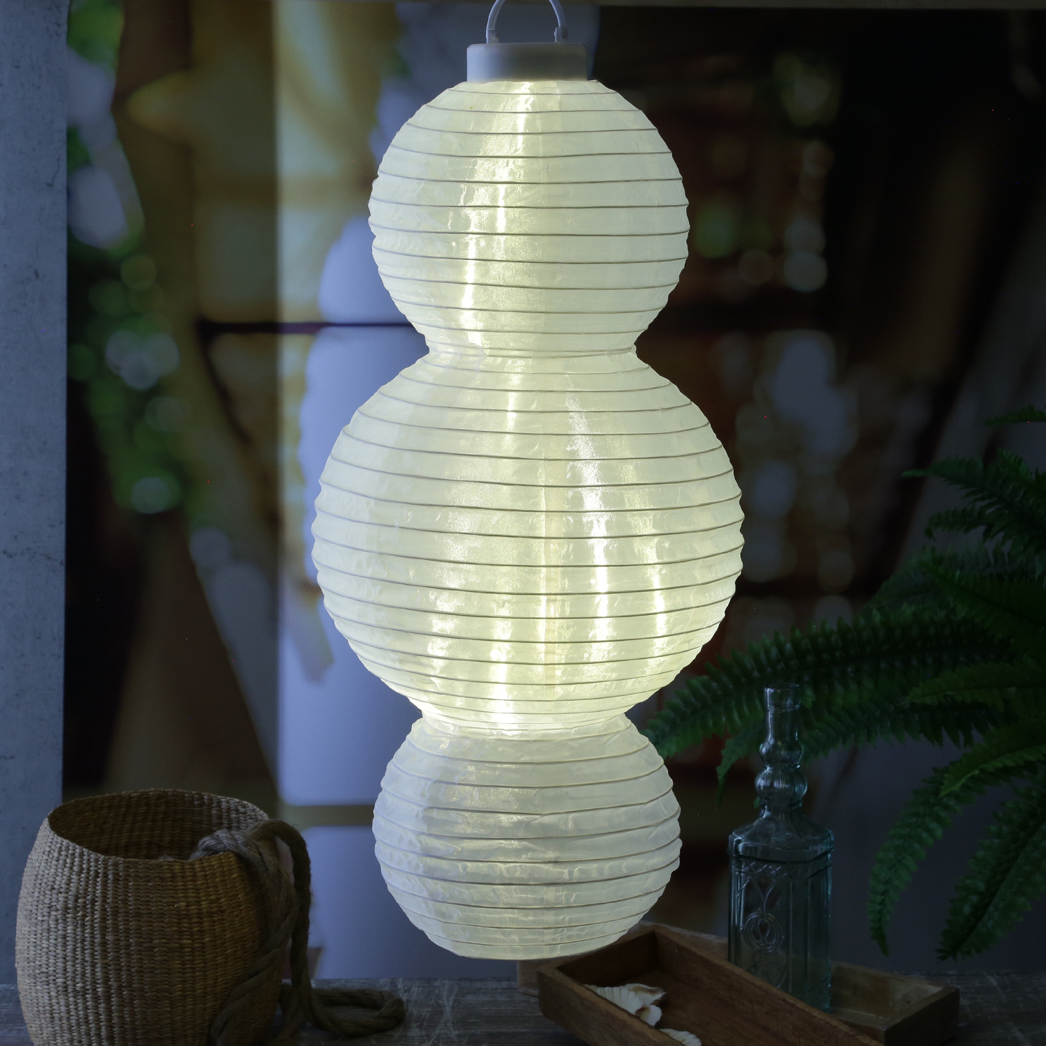 XL LED Solar Lampion - Laterne - 15LED an Drahtlichterkette - H: 60cm - Lichtsensor - weiß - 2 Stück