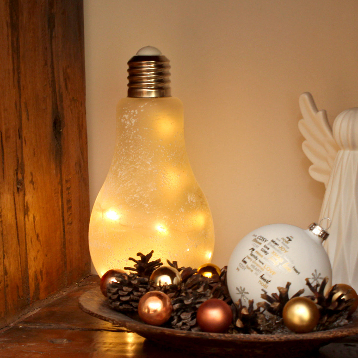 LED Glühbirne mit Lichterkette zum Stellen - H: 22cm, D: 11cm - Batteriebetrieb - weiß gefrostet LED Glühbirne mit Lichterkette zum Stellen - H: 22cm, D: 11cm - Batteriebetrieb - weiß gefrostet