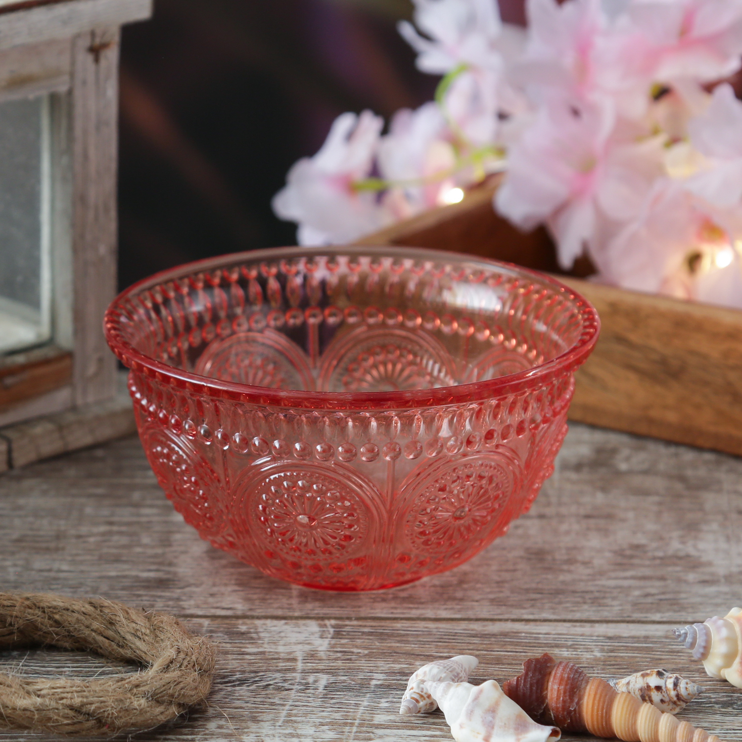 Glasschale Vintage mit Blumenmuster - Dessert/Snack Schüssel - D: 12,7cm - 210ml - Boho Stil - rosa