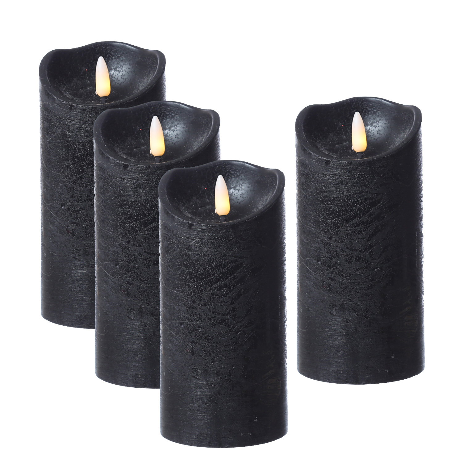 LED Stumpenkerzen RUSTIC - Echtwachs - warmweiße 3D Flamme - H: 15cm - Timer - schwarz - 4er Set LED Stumpenkerzen RUSTIC - Echtwachs - warmweiße 3D Flamme - H: 15cm - Timer - schwarz - 4er Set