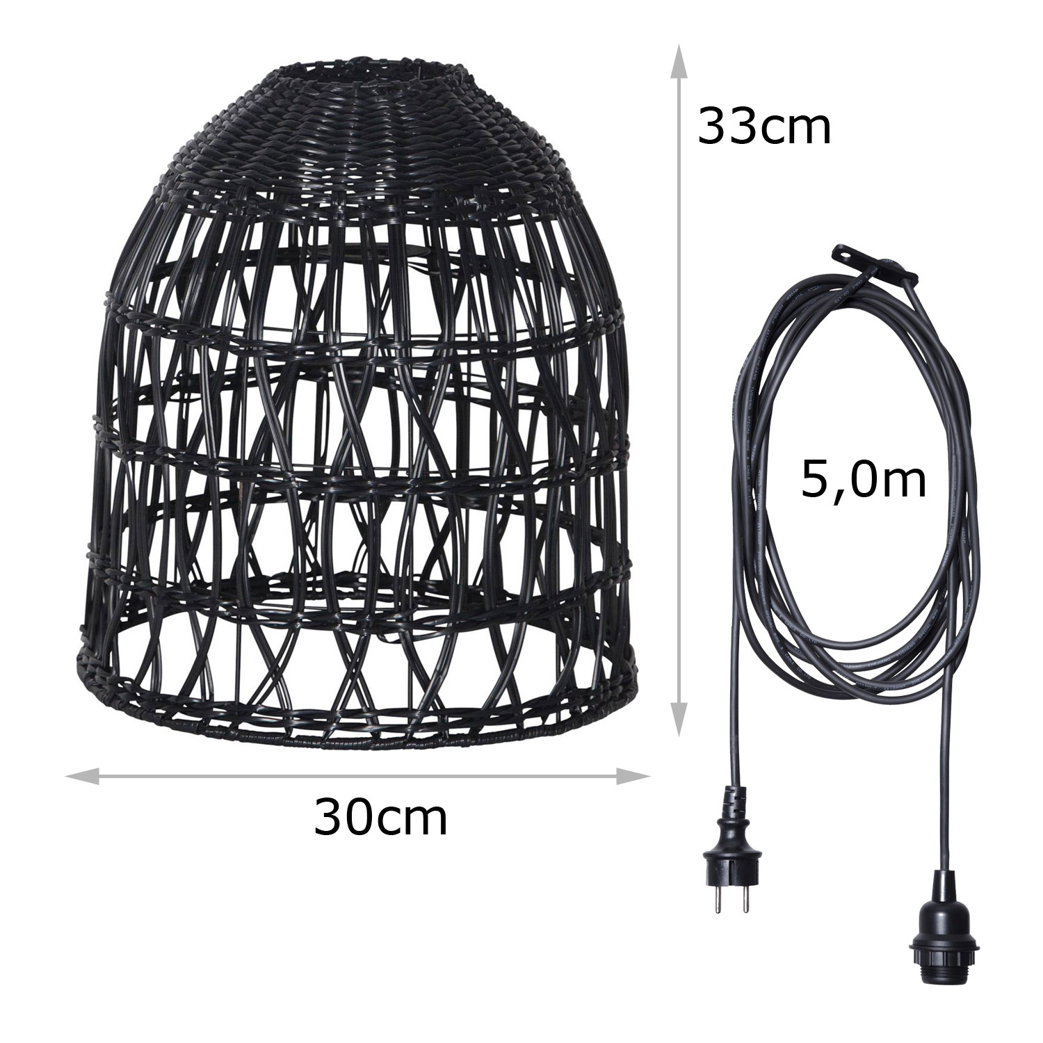 Lampenschirm BELL wetterfest - Rattan-Optik - mit E27 Kabelfassung - D: 30cm/H: 33cm - schwarz