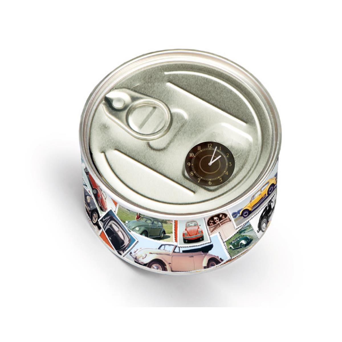 VW Volkswagen MyClock "BEETLE STAMPS" - Uhr in der Konservendose - magnetisch - Blickfang / Geschenk