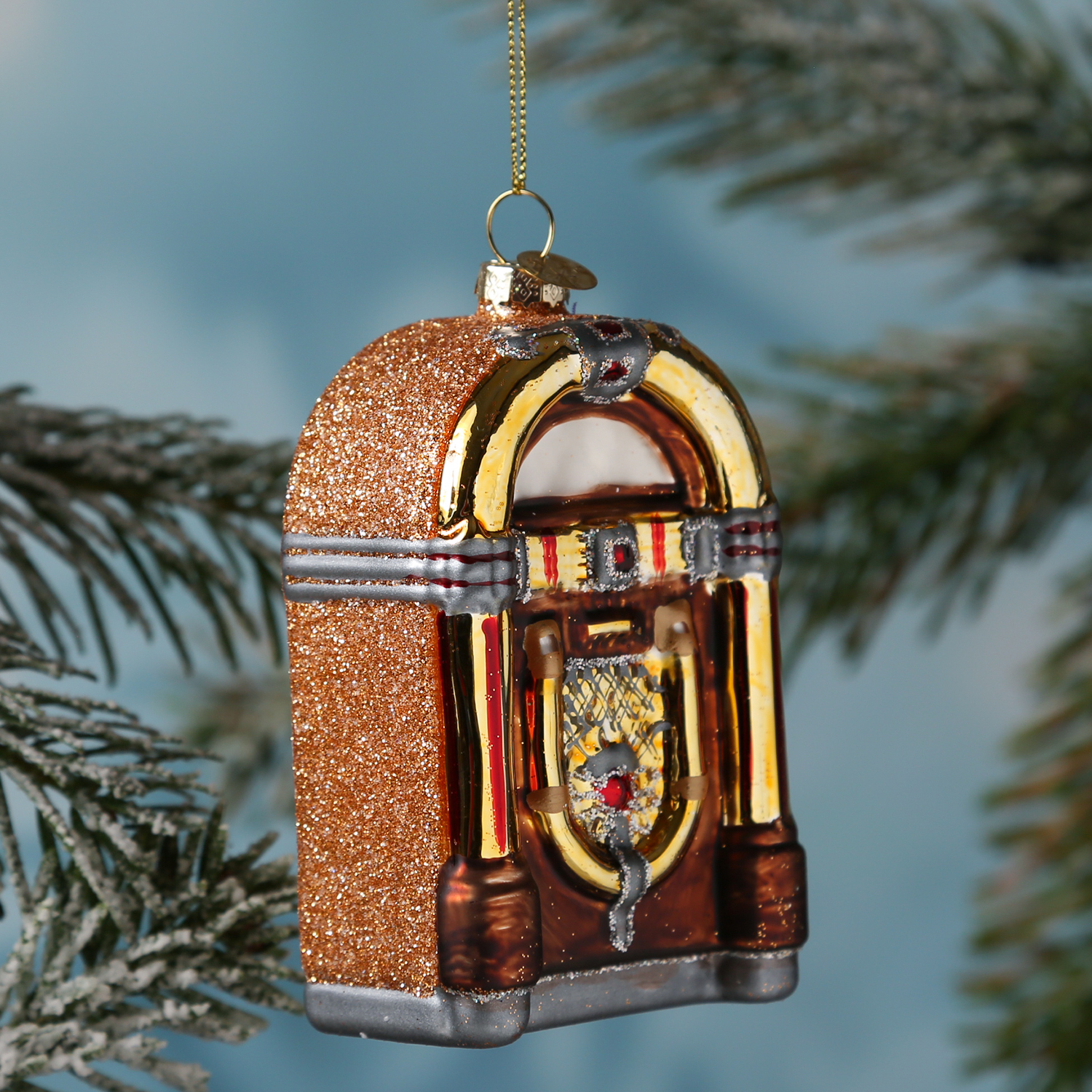 Weihnachtsbaumschmuck JUKEBOX - Glas - inkl. Aufhänger - glänzend und glitzernd - H: 11,5cm - braun Weihnachtsbaumschmuck JUKEBOX - Glas - inkl. Aufhänger - glänzend und glitzernd - H: 11,5cm - braun