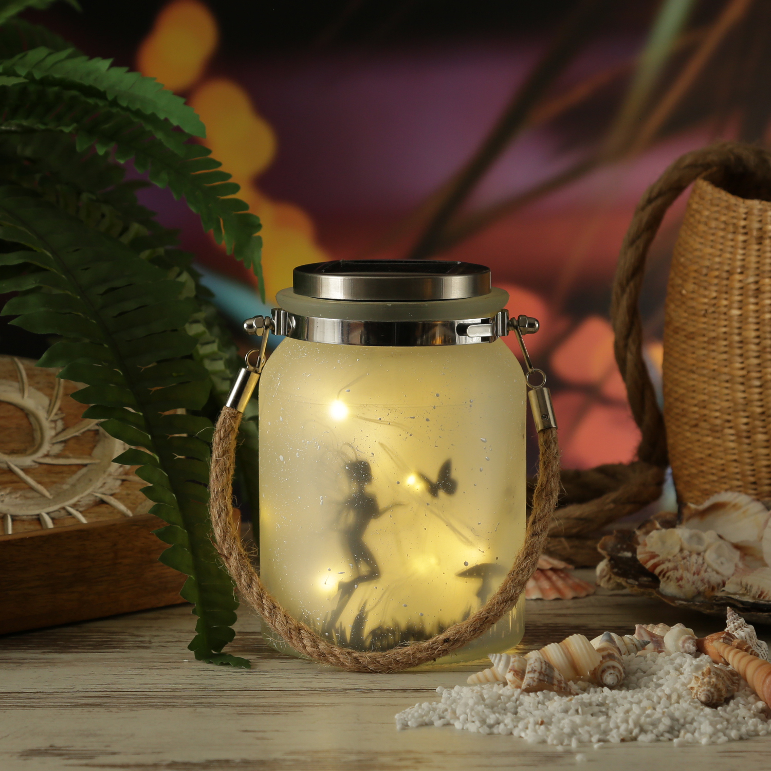 LED Solarglas Schmetterlingsfee - Windlicht mit Juteseil - 30 warmweisse LED - Lichtsensor - H- 16cm LED Solarglas Schmetterlingsfee - Windlicht mit Juteseil - 30 warmweisse LED - Lichtsensor - H- 16cm