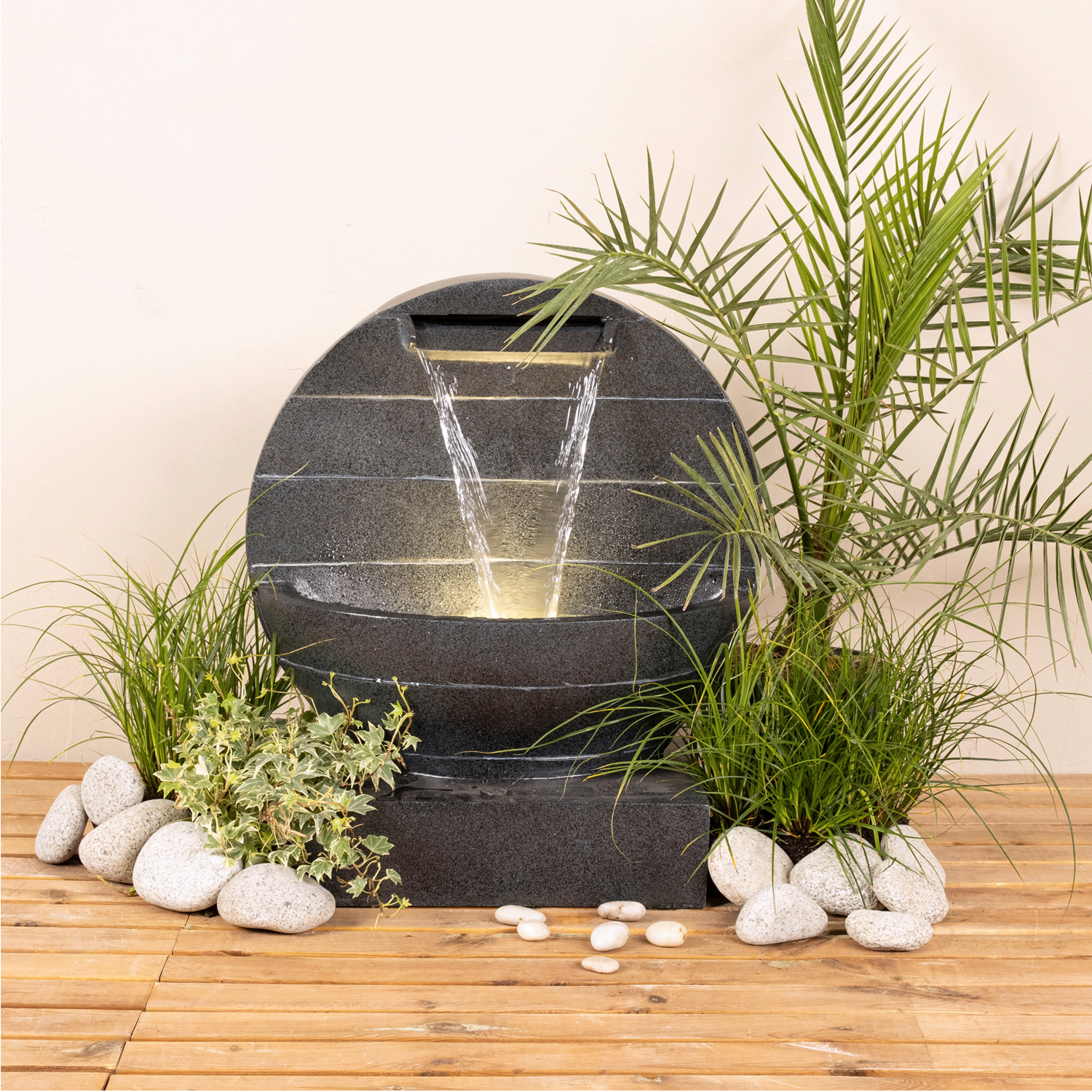 Brunnen - Gartenbrunnen - Polyresin - 6 warmweiße LED - H: 59cm - Außentrafo - anthrazit Brunnen - Gartenbrunnen - Polyresin - 6 warmweiße LED - H: 59cm - Außentrafo - anthrazit