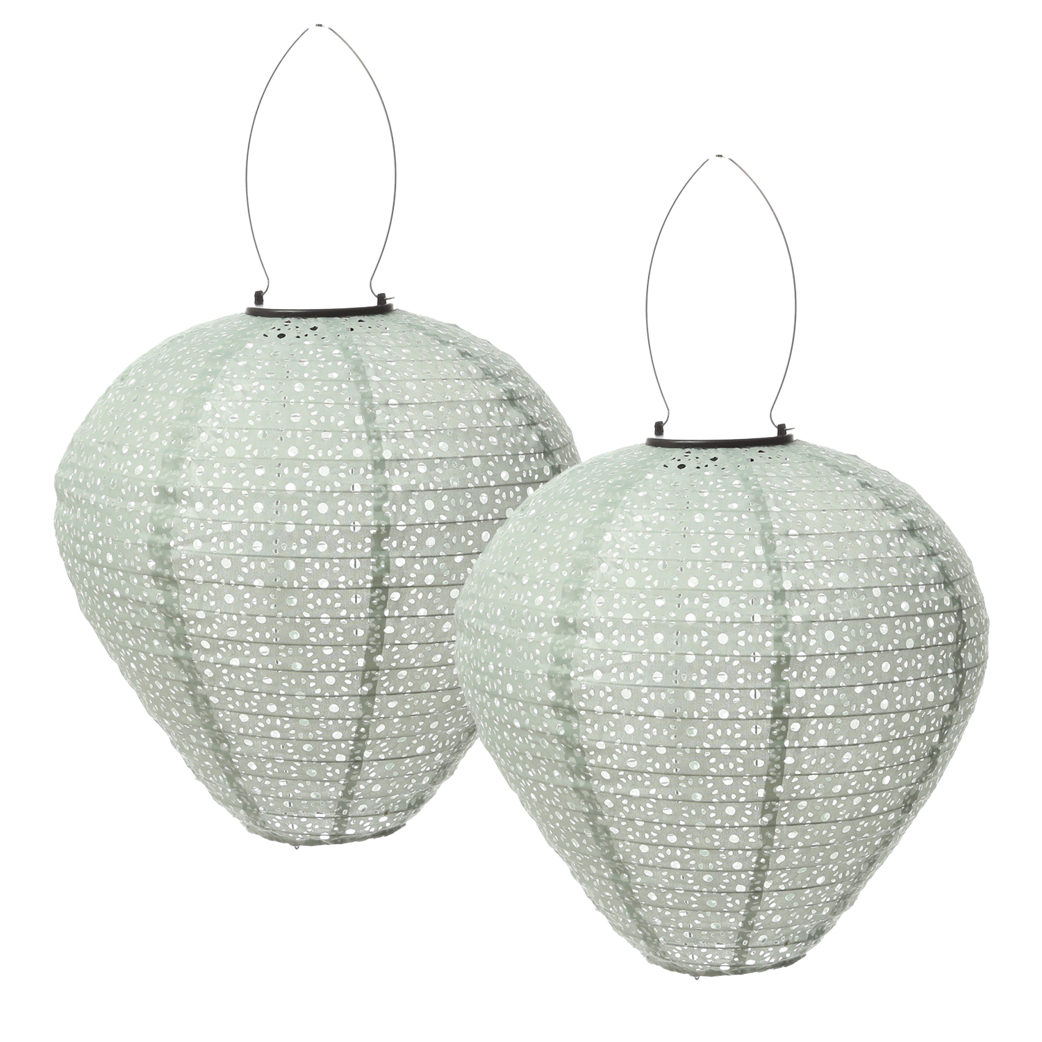 LED Solar Lampion Ballon - mit Blumenmuster - H: 30cm - D: 30cm - Lichtsensor - grün - 2er Set