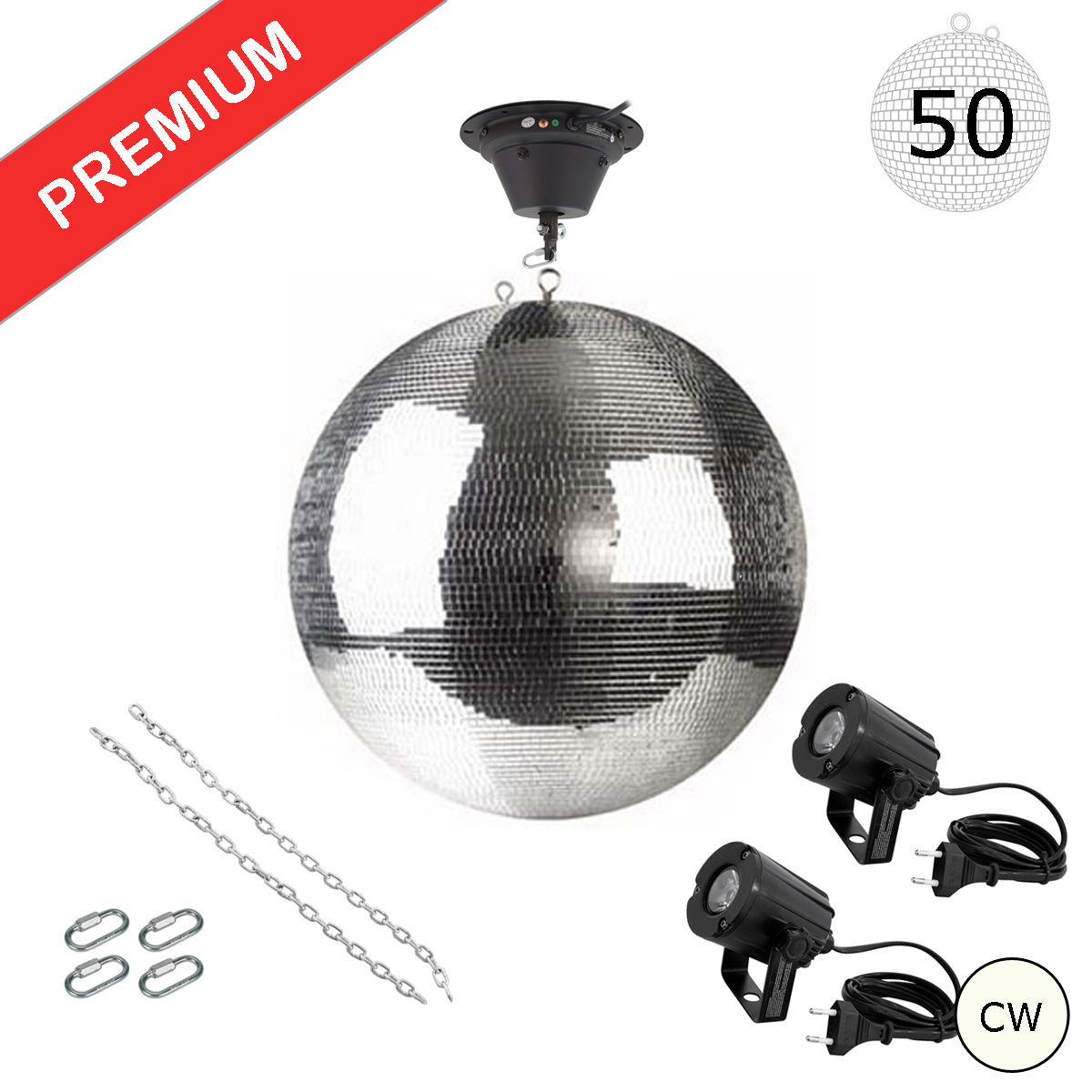 Spiegelkugel Komplettset - Discokugel, Motor, Pinspot, Montagematerial für Diskokugel - Mirrorball Set - Partyset