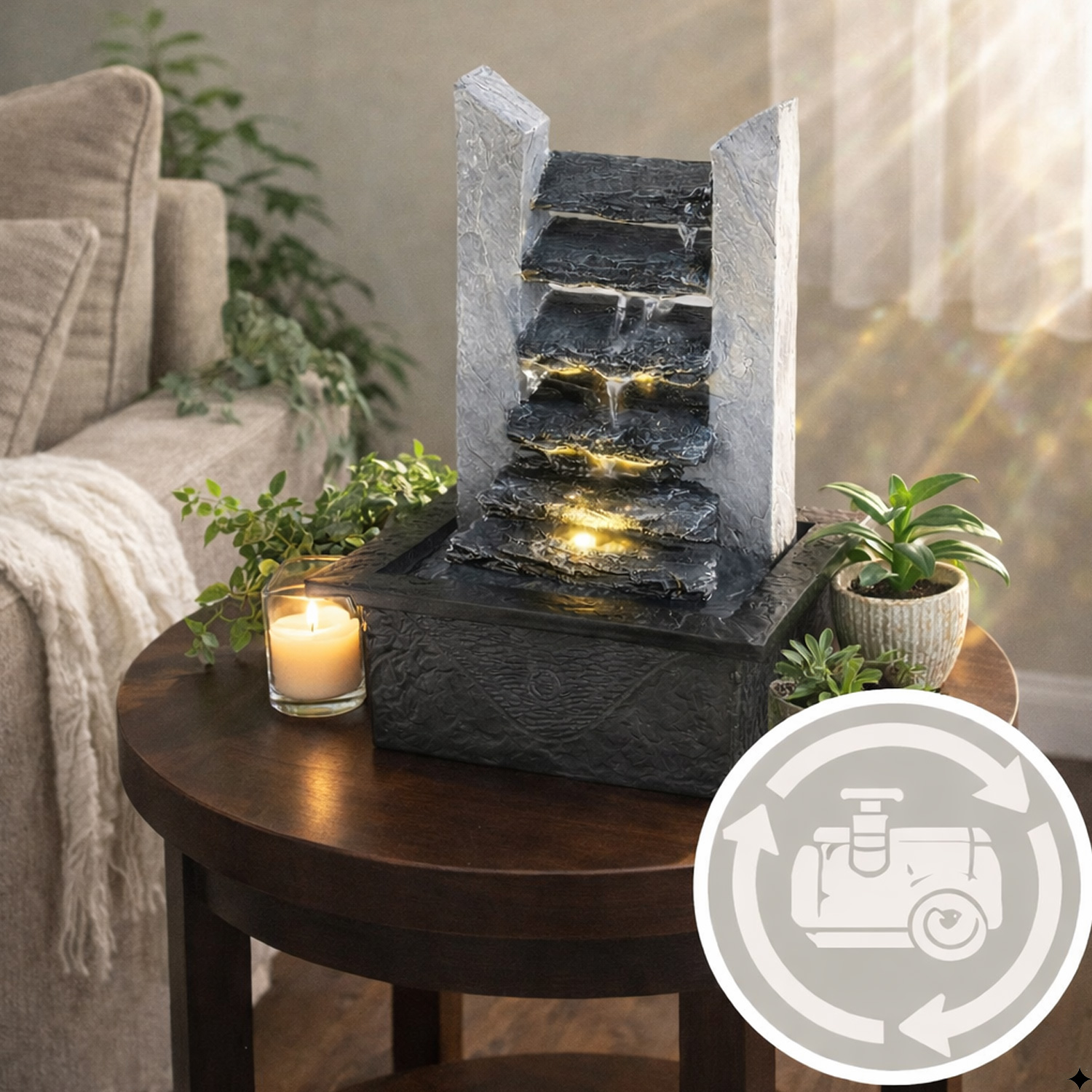 Kaskadenbrunnen Schieferlook Tischbrunnen mit LED H27cm