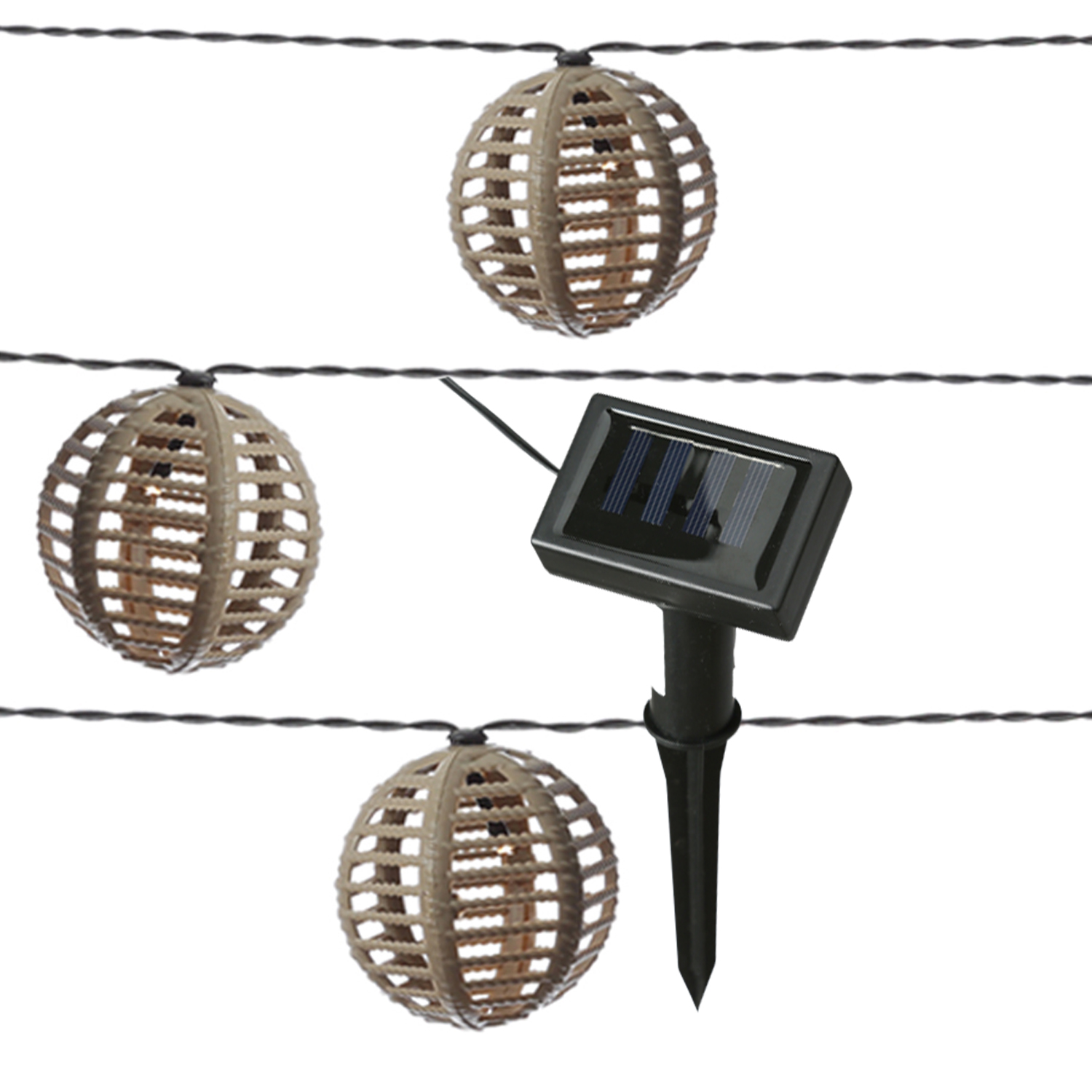 LED Solar Lichterkette Kugeln - 10 Kugeln in Rattanoptik - L: 2,7m - Timer - Lichtsensor - braun