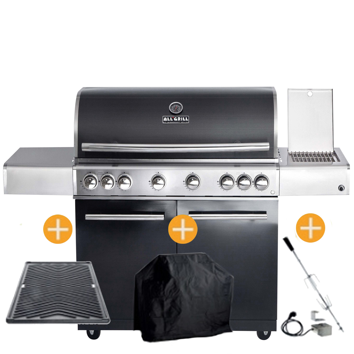 CHEF Paket XL1 schwarz 6 Brenner Backburner Seitenkocher GRATIS: Cover, Grillplatte, Spieß