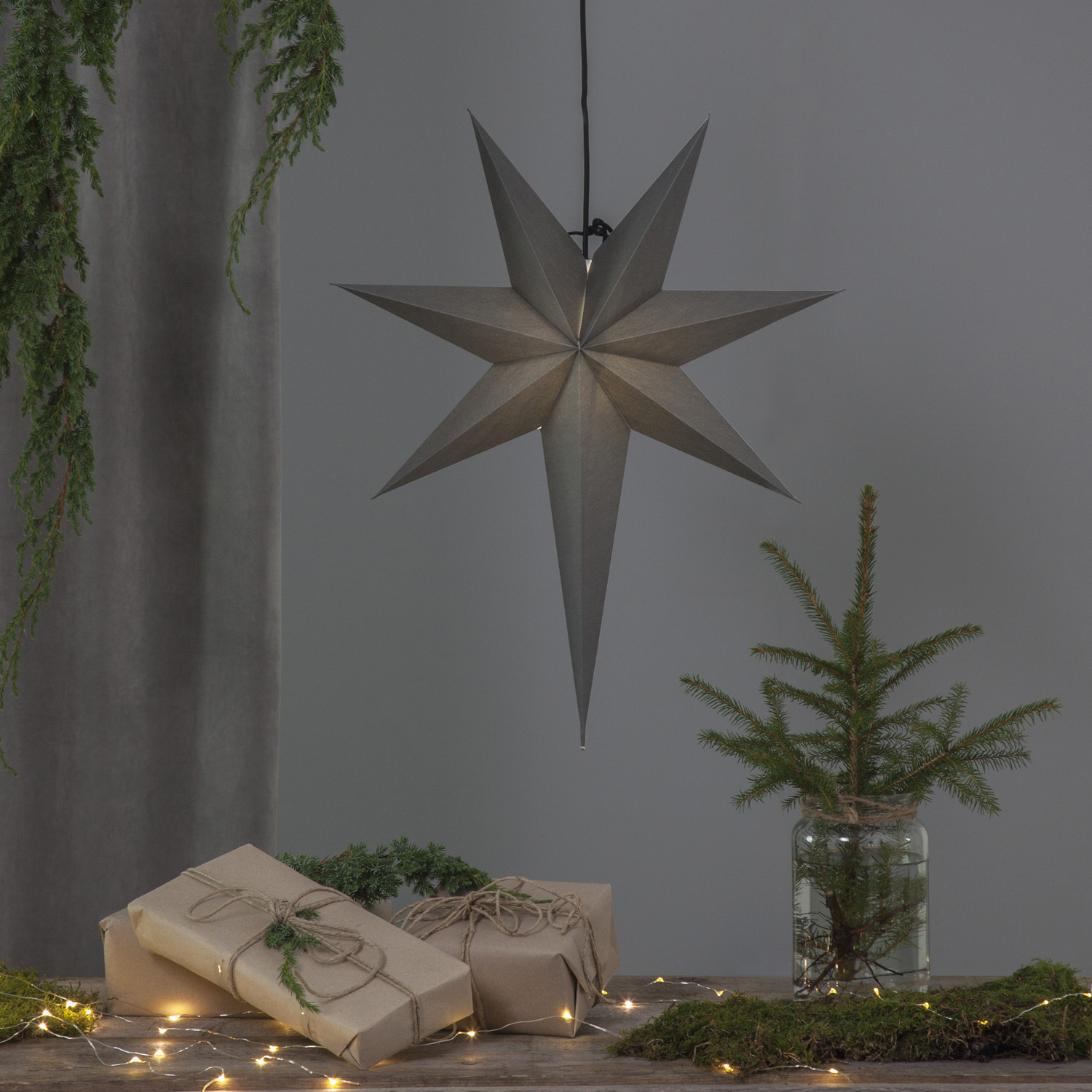 Papierstern "Ozen" - hängend - 7-zackig - Ø 55cm, H: 65cm - E14 Fassung - inkl. Kabel - anthrazit Papierstern "Ozen" - hängend - 7-zackig - Ø 55cm, H: 65cm - E14 Fassung - inkl. Kabel - anthrazit