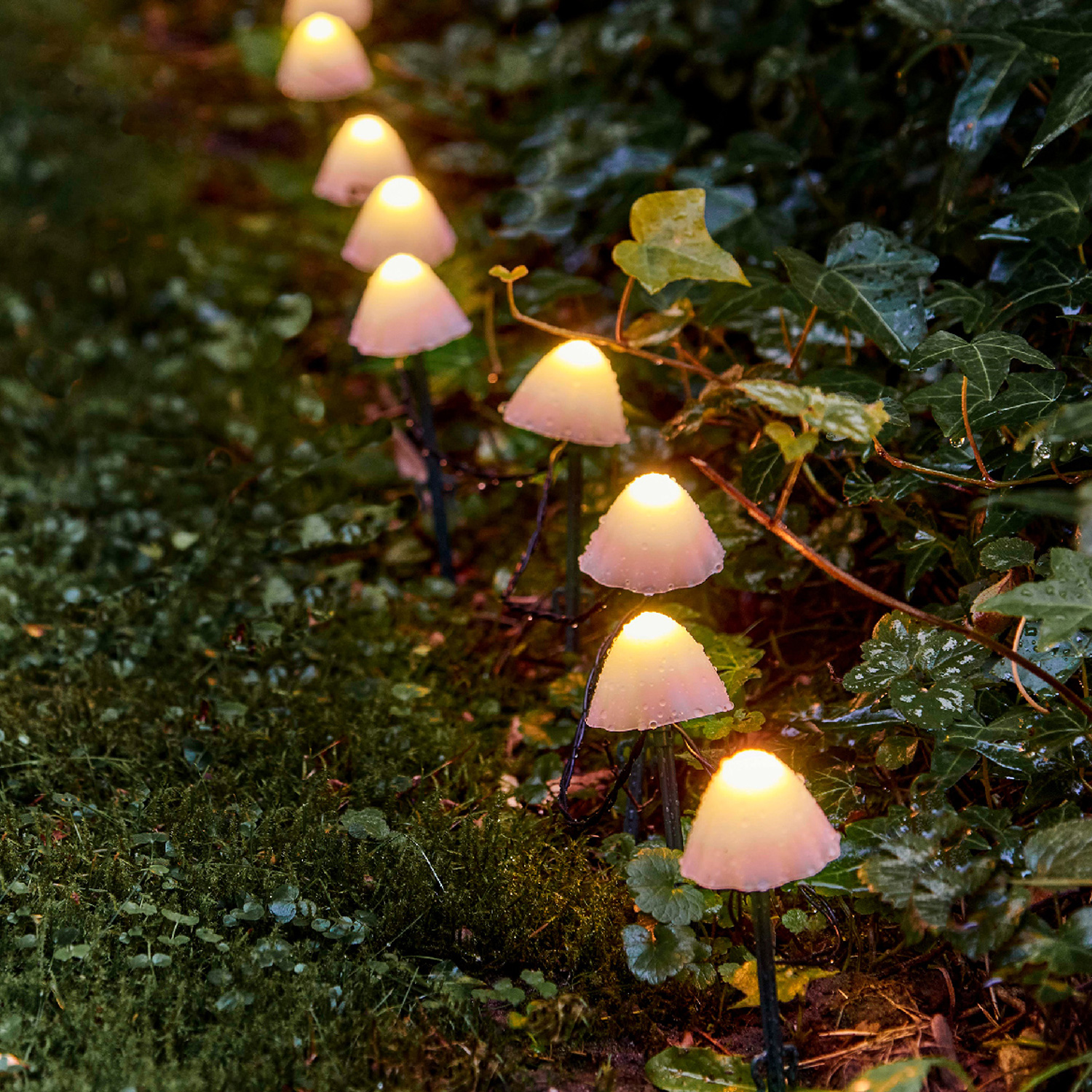 LED Solar Mini Pilze - 10 Gartenstecker mit Erdspießen - 8 Funkt. - Lichtsensor - L: 9m - weiß