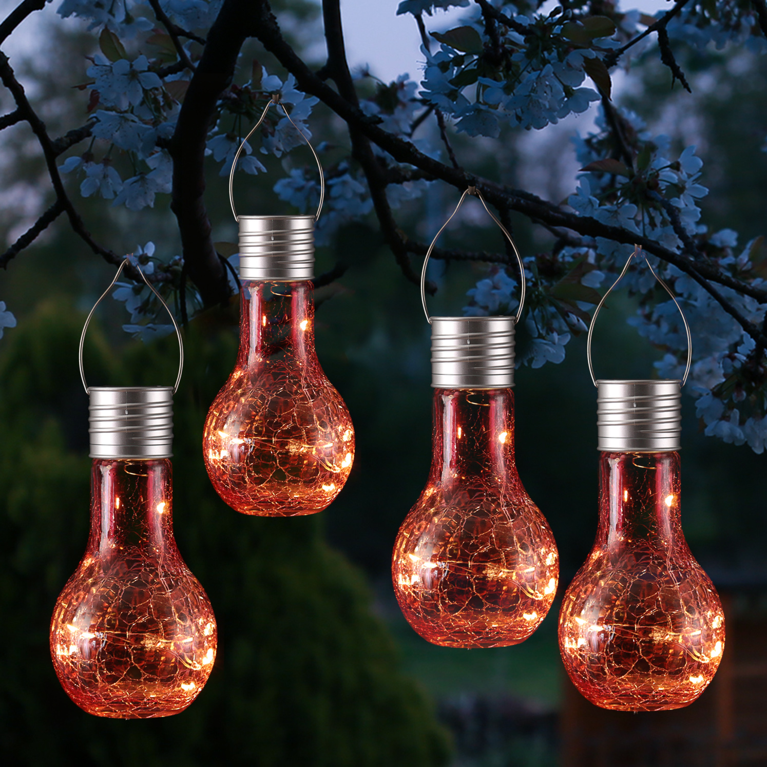 LED Solar Glühbirne CRACKLE GLOW - warmweiße LED Drahtlichterkette - H: 17cm - Lichtsensor - rot