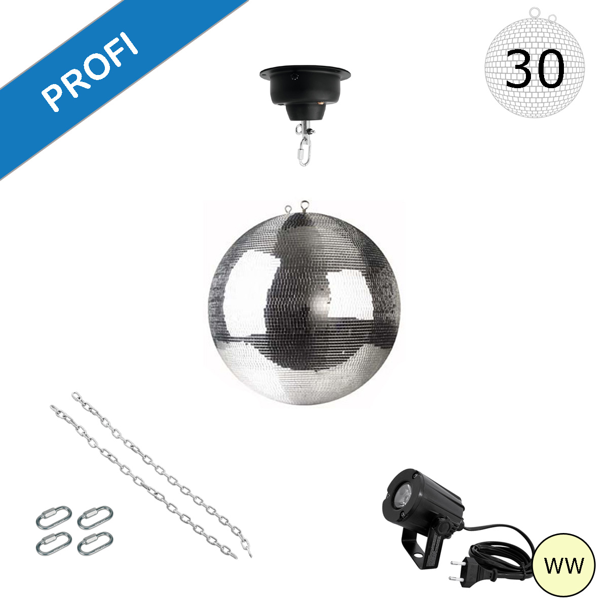 Spiegelkugel Komplettset - Discokugel, Motor, Pinspot, Montagematerial für Diskokugel - Mirrorball Set - Partyset