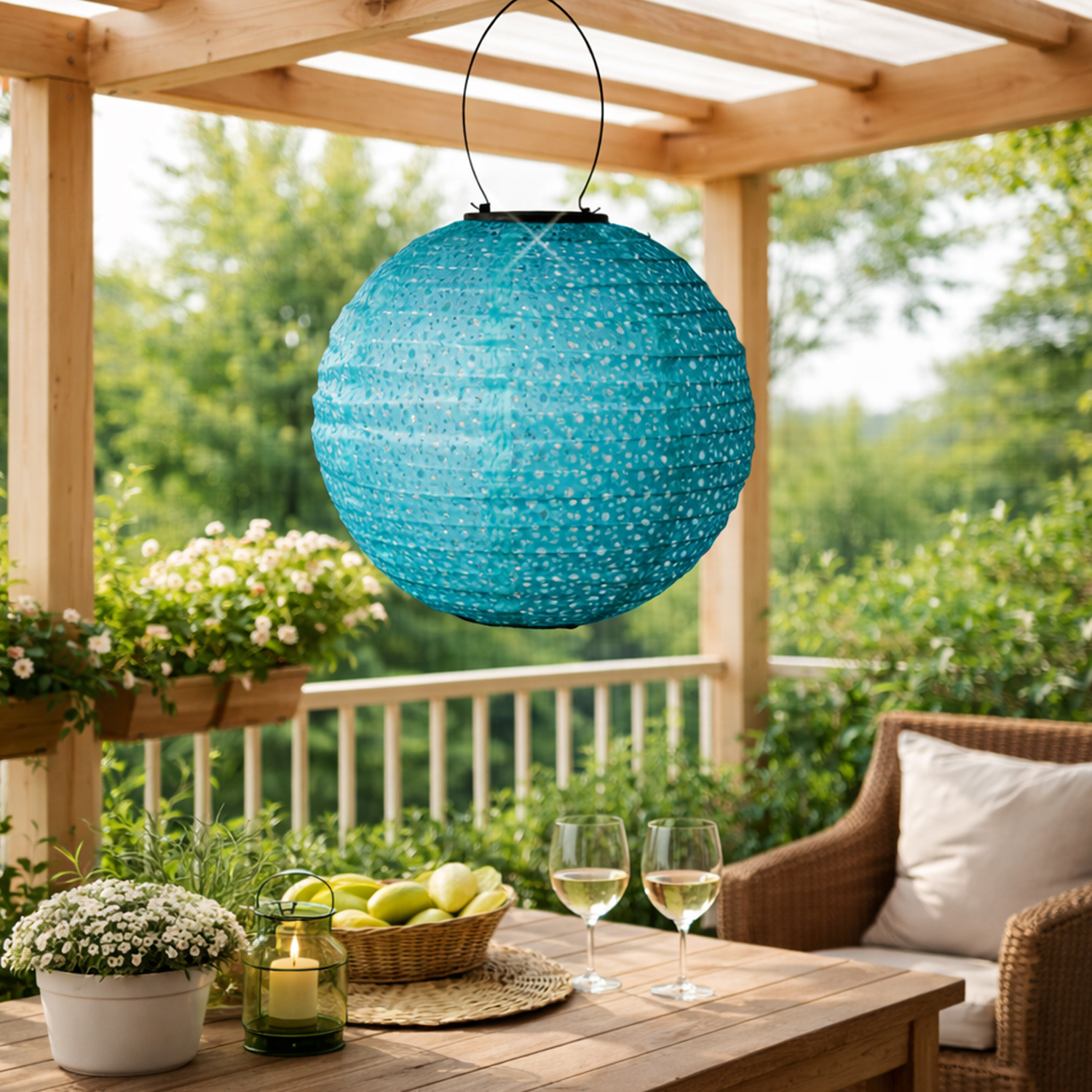 LED Solar Lampion - mit Blumenmuster - warmweiße LED - H: 25cm - D: 25cm - Lichtsensor - blau