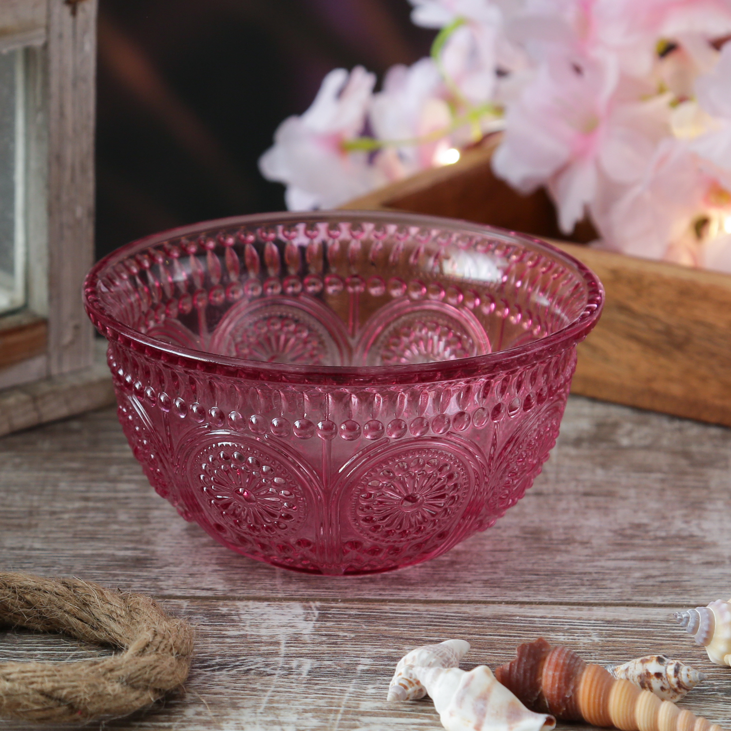 Glasschale Vintage mit Blumenmuster - Dessert/Snack Schüssel - D: 12,7cm - 210ml - Boho Stil - lila