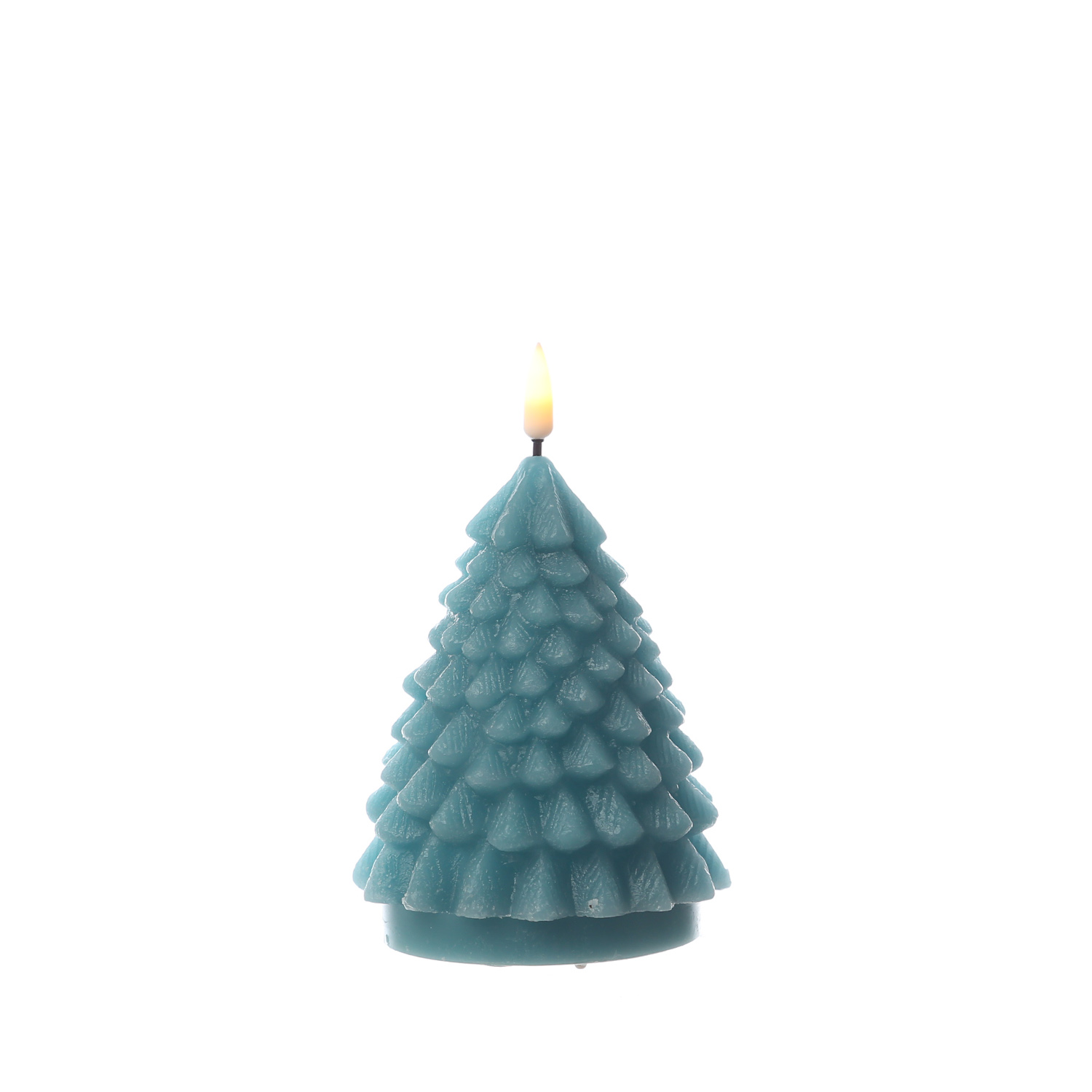 LED Kerze Tannenbaum - Echtwachs - flackernde 3D Flamme - H: 11cm - D: 8cm - dunkelgrün