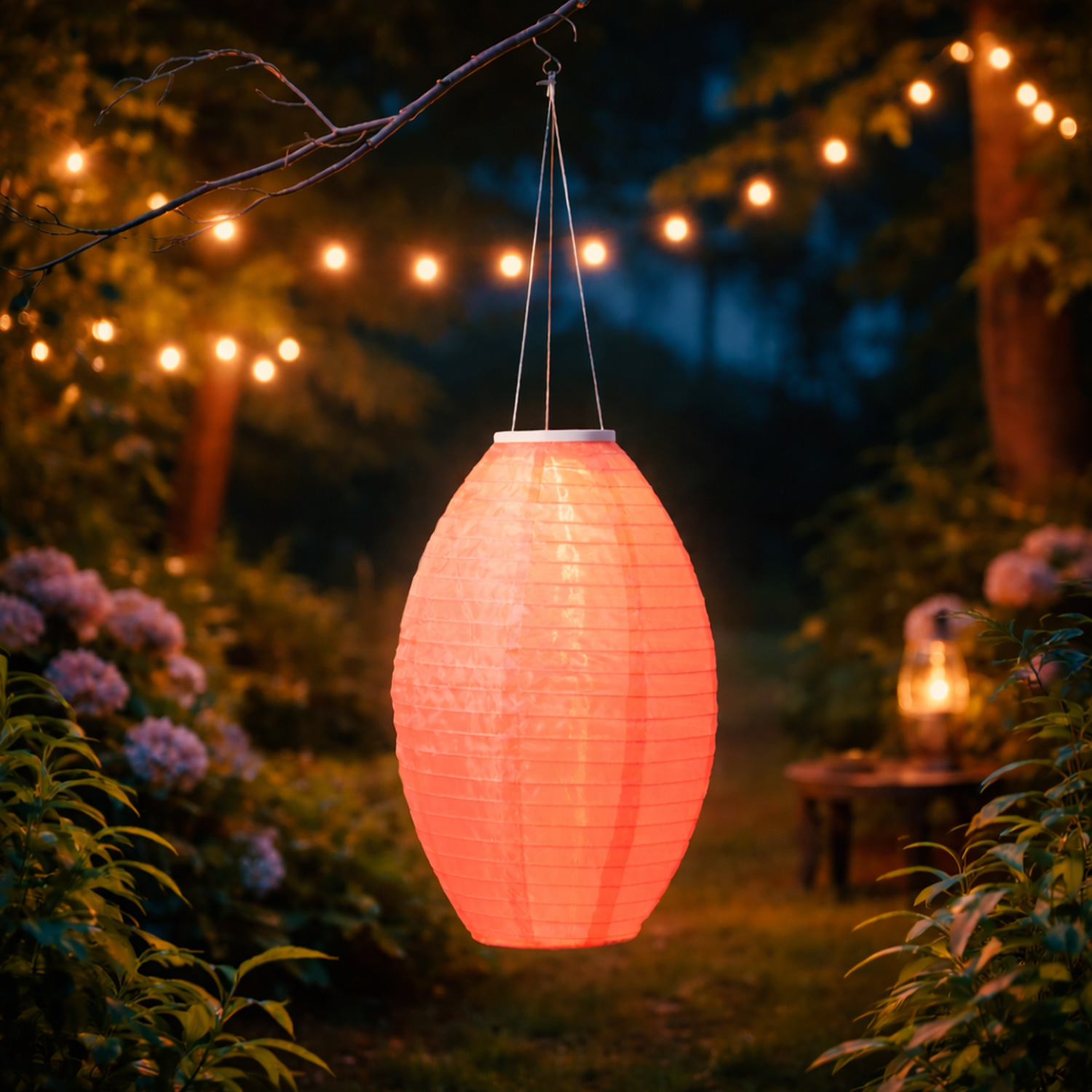 LED Solar Lampion oval - warmweiße LED - H: 33cm - D: 22cm - Lichtsensor - pastellorange