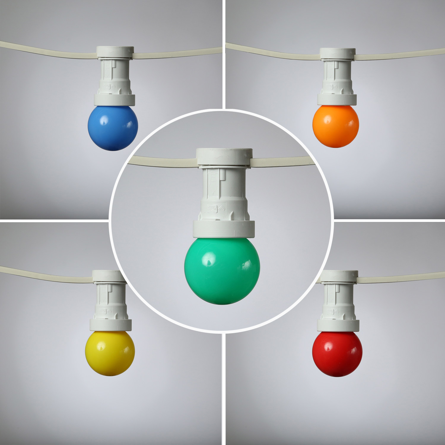 Illu-/Partylichterkette 30m - Außenlichterkette weiß - Made in Germany - 50 x bunte LED Kugellampen Illu-/Partylichterkette 30m - Außenlichterkette weiß - Made in Germany - 50 x bunte LED Kugellampen