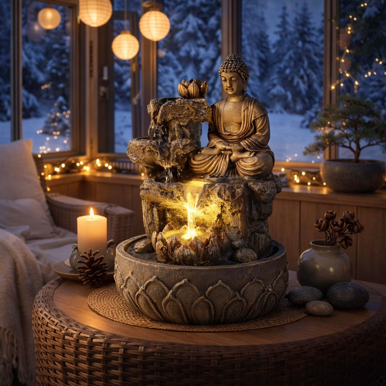 Brunnen LED Buddhafigur Kaskaden Zimmerbrunnen H 25cm Tischbrunnen