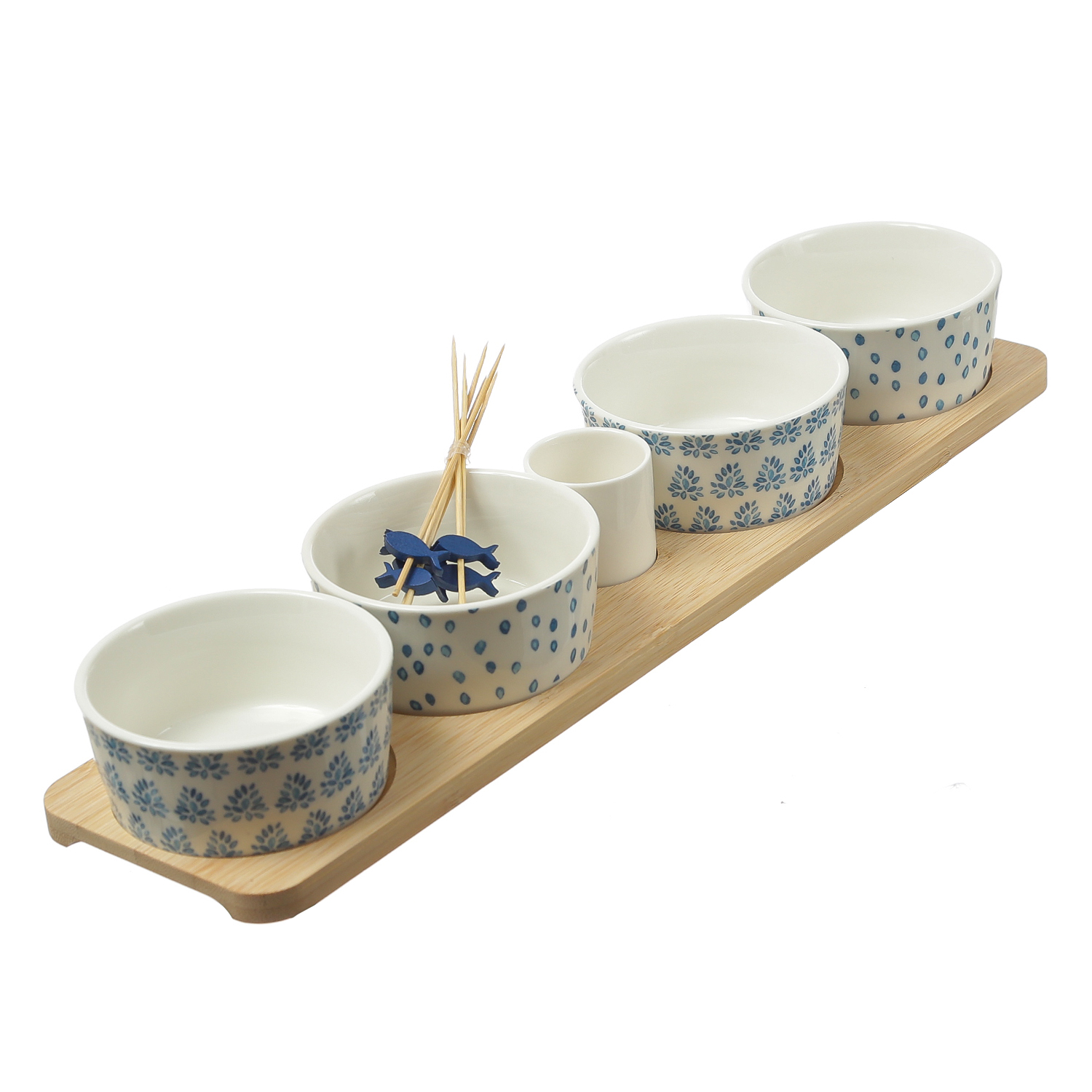 Tapas Set - Servierset - Holzbrett mit 4 Schalen - L: 40cm - Porzellan - weiß, blau Tapas Set - Servierset - Holzbrett mit 4 Schalen - L: 40cm - Porzellan - weiß, blau