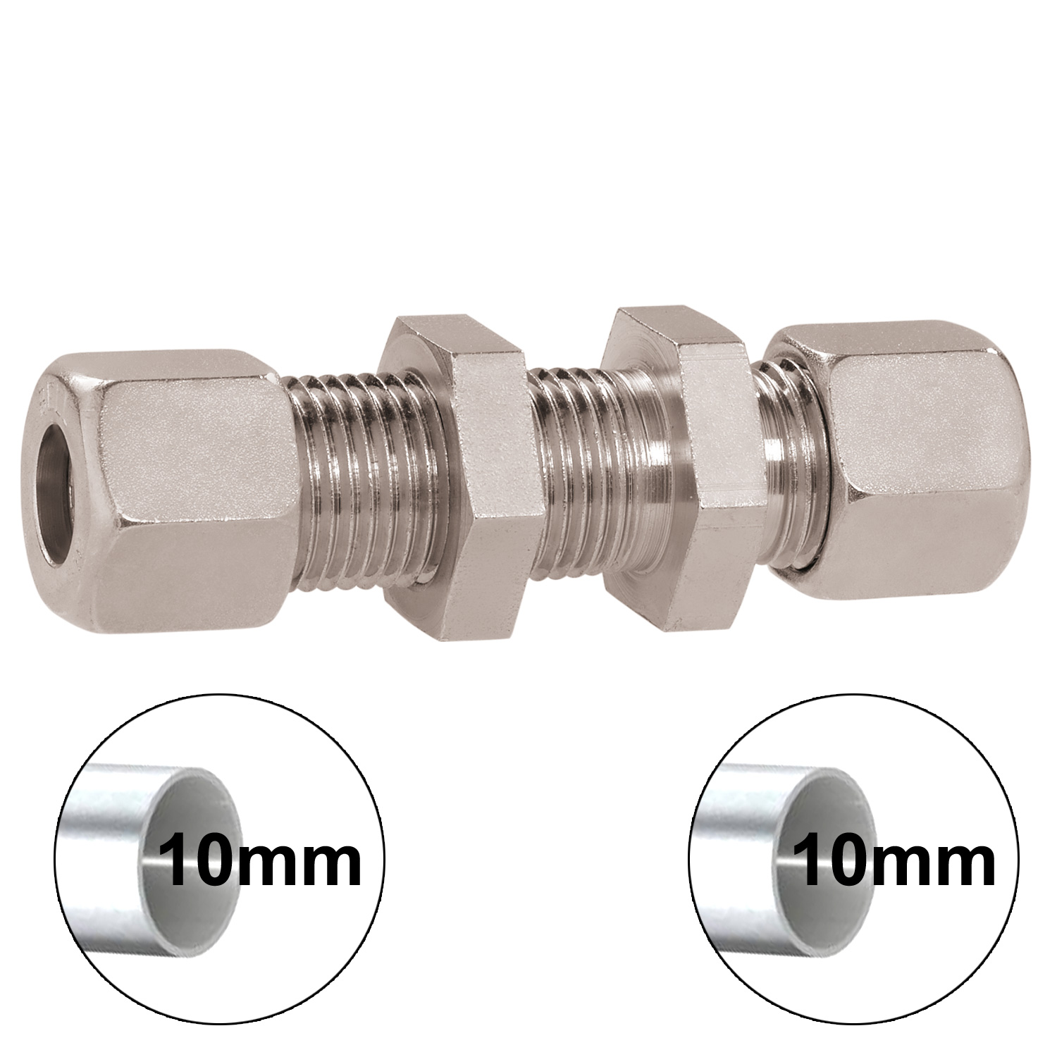 Gerade Schottverschraubung RVS10 - Durchgang für 10mm Gasrohre Gerade Schottverschraubung RVS10 - Durchgang für 10mm Gasrohre