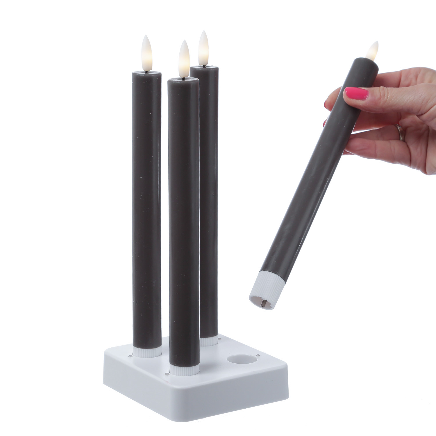 LED Stabkerzen LISA - Echtwachs - mit Ladestation - inkl. Fernbedienung - H: 25cm - grau - 4er Set LED Stabkerzen LISA - Echtwachs - mit Ladestation - inkl. Fernbedienung - H: 25cm - grau - 4er Set