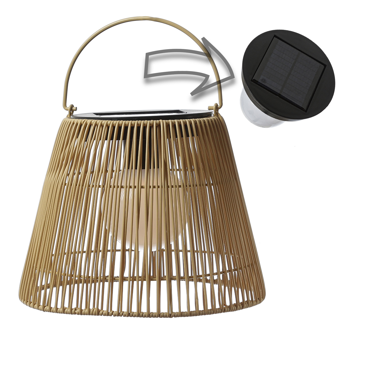 LED Solar Laterne-Haengeleuchte - Rattanoptik  - warmweisse LED - H- 22cm - Lichtsensor - natur