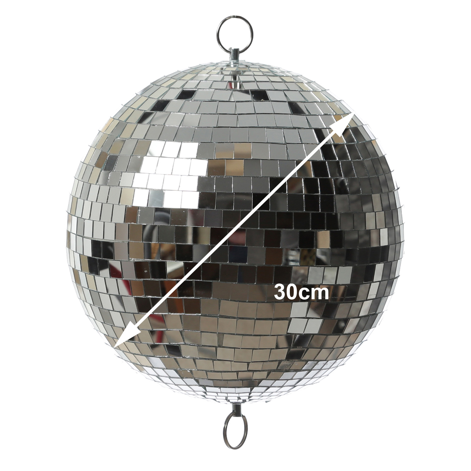 Spiegelkugel 30cm - silber - Discokugel Echtglas - 10x10mm Spiegel - PROMO - Metallöse oben + unten