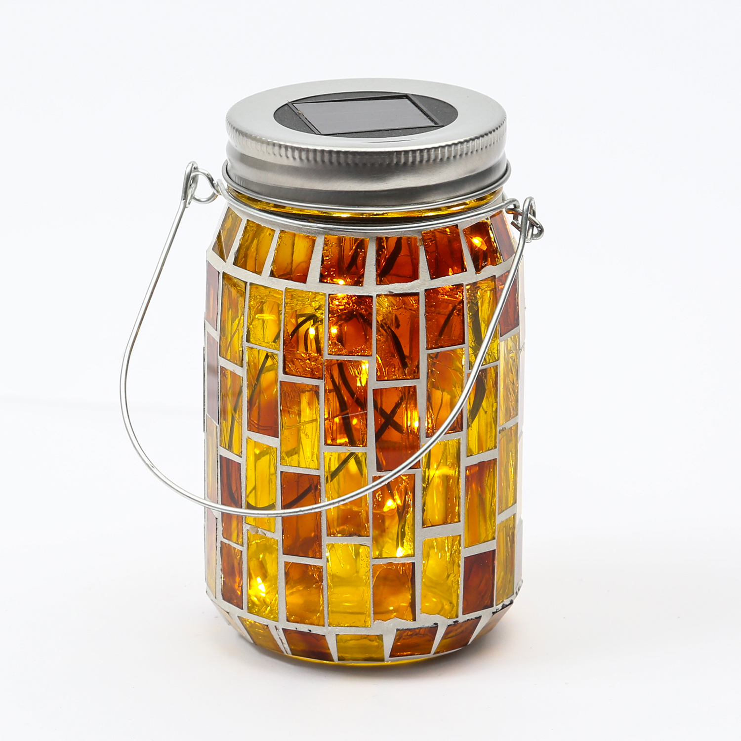 LED Solar Glas - Einmachglas mit Mosaiksteinchen - mit Henkel - H: 13,5cm - Lichtsensor - gelb LED Solar Glas - Einmachglas mit Mosaiksteinchen - mit Henkel - H: 13,5cm - Lichtsensor - gelb