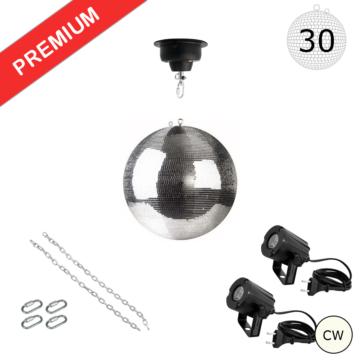 Spiegelkugel Komplettset - Discokugel, Motor, Pinspot, Montagematerial für Diskokugel - Mirrorball Set - Partyset