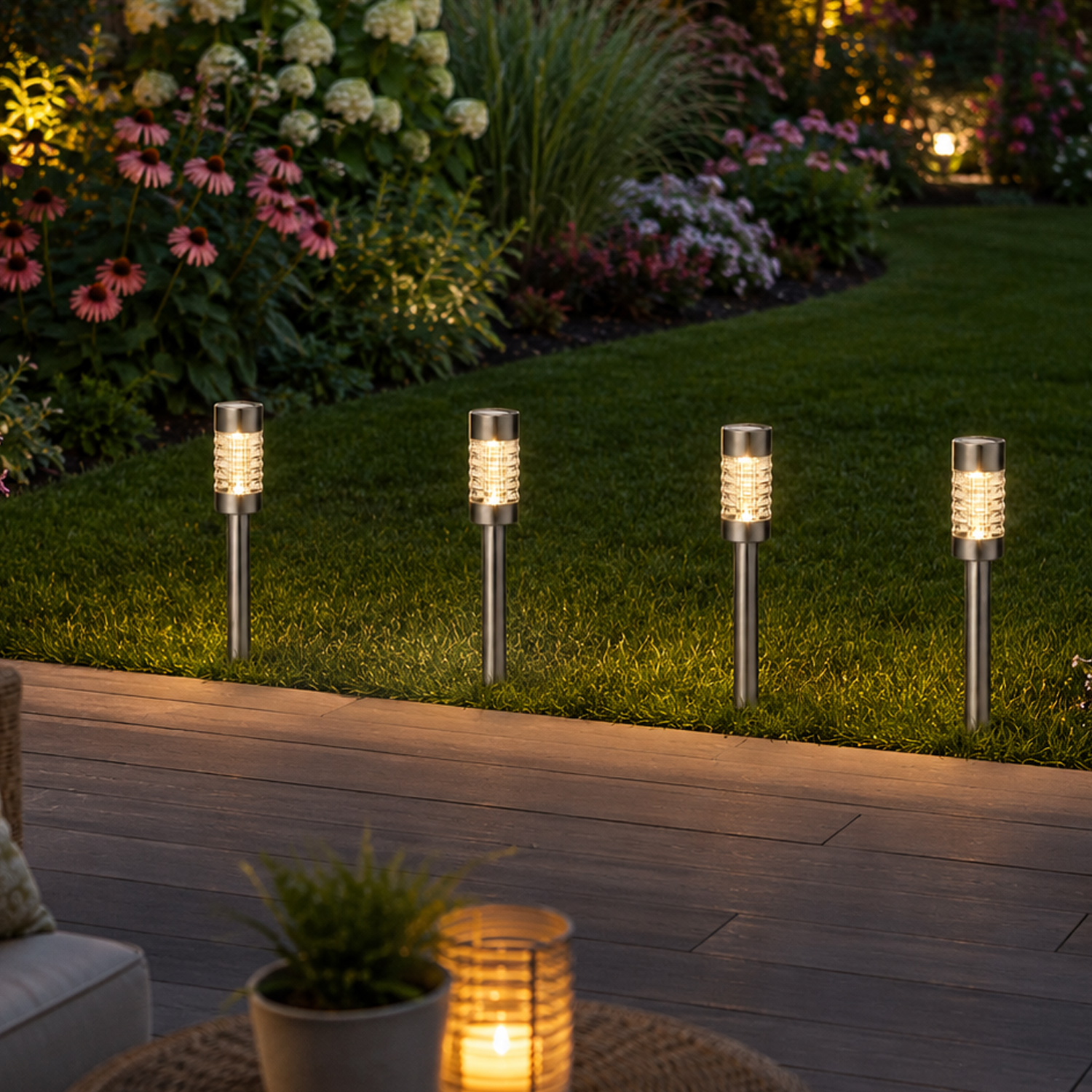 LED Solar Wegleuchten - Gartenleuchten mit Erdspieß - H: 29cm - Lichtsensor - 4er Set